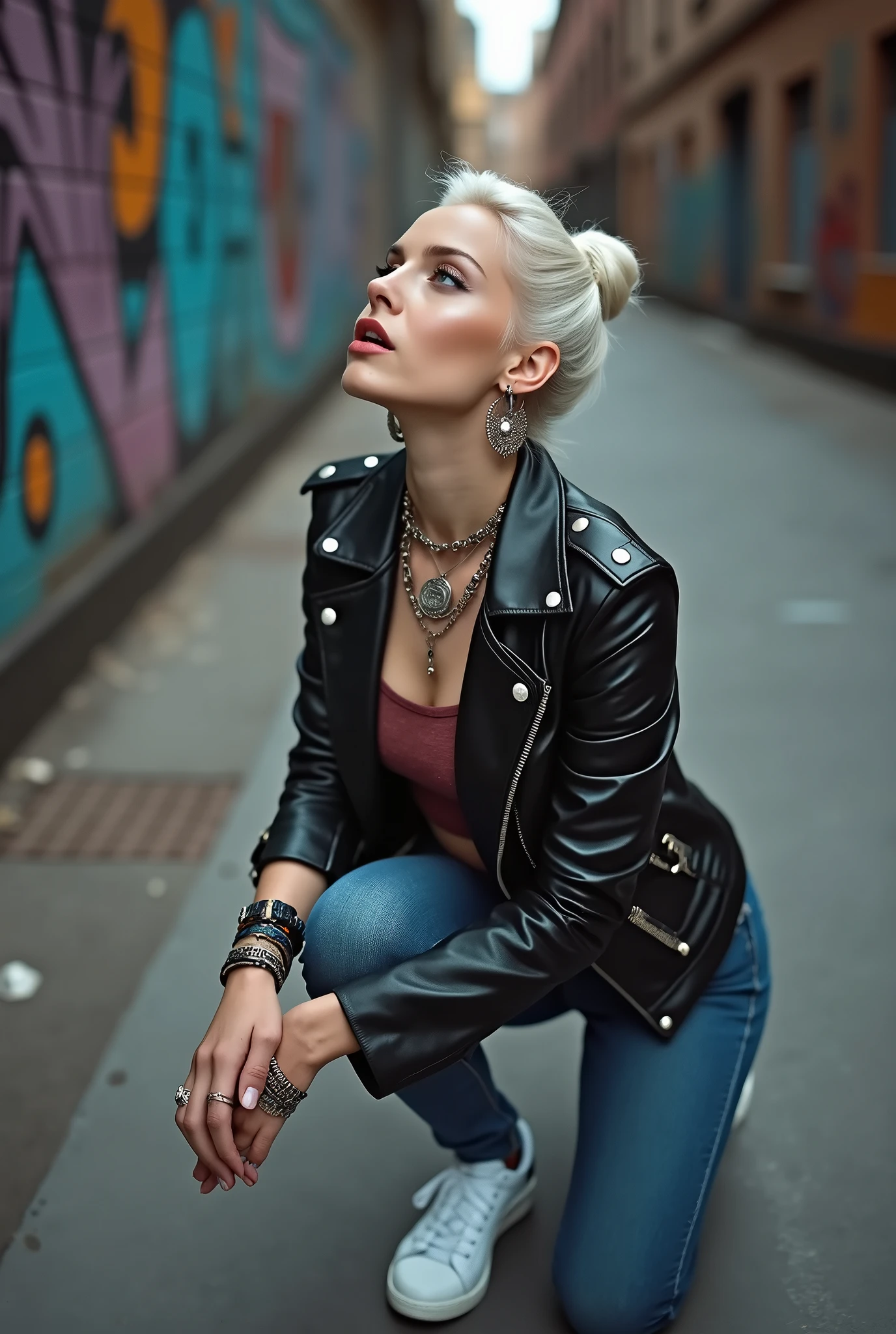 russian milf woman, platinum blonde hair (top bun), with very light blue eyes, extremely pale. Wearing black moto jacket, cropped metal band t-shirt, skinny blue jeans and wiite tennis sneakers . Lots of metallic braceles and collars. Tacky leather belt with oversized buckle. Wide loop earrings. Kneeling in a payer, chin up, mouth wide open in amazement. Hands on her knees. Thin arms and legs