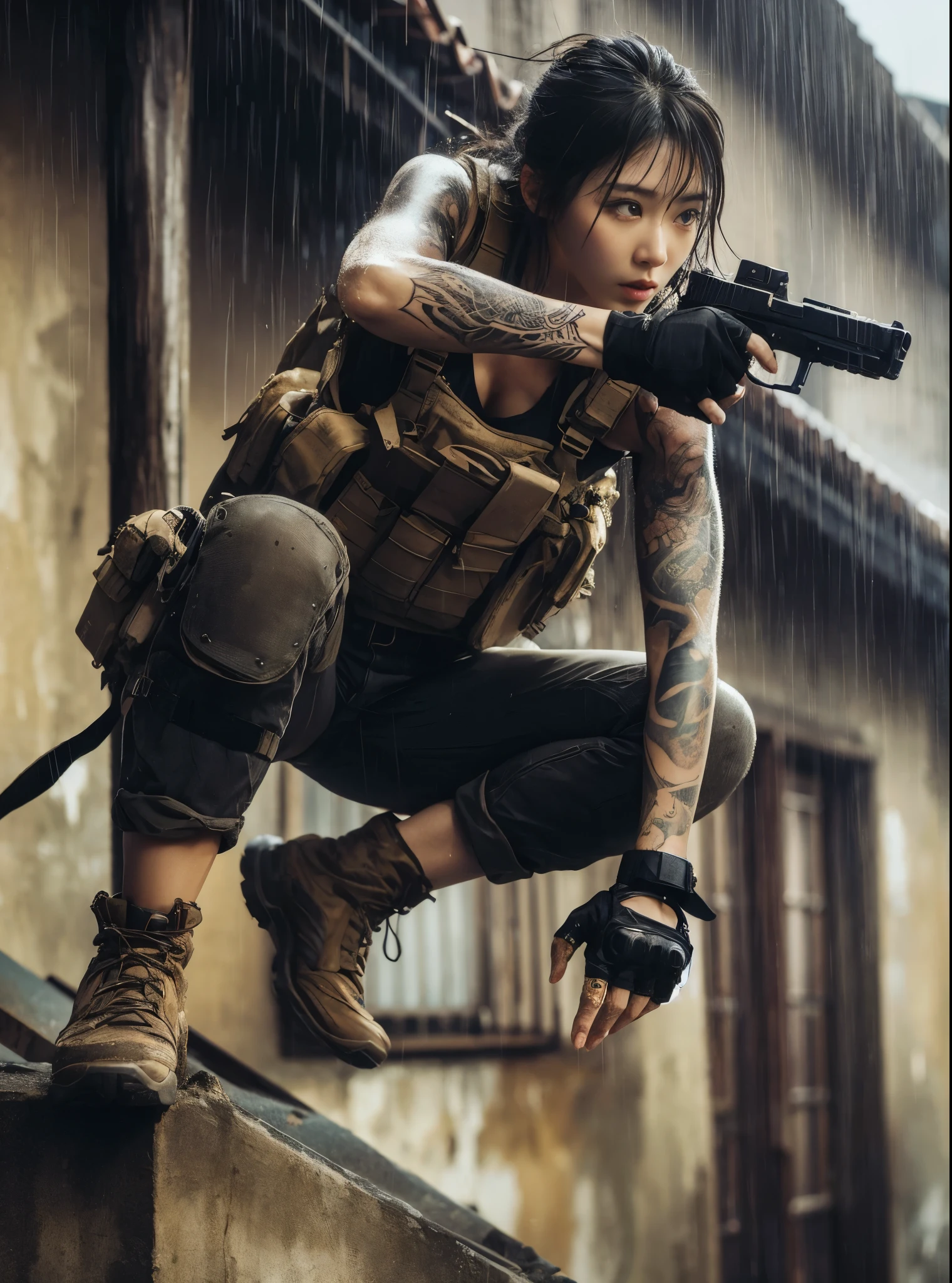 8k,Realistic Photo、Realistic Skin Texture、Superrealism、Japanese women in the U.S. military、Tattoo、Beauty、American cityscape、Jump from the roof of an old building to the roof of the next building、Automatic rifle、Heavy equipment、after the rain、Covered in scars、It is dirty、muscle、The background is out of focus、While avoiding gunfire、Desperate look、Dramatic composition、action、Fierce Battle、Ace