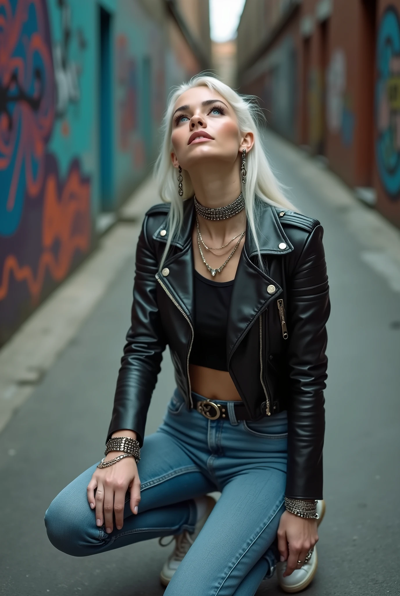 russian milf woman, platinum blonde hair (top bun), with very light blue eyes, extremely pale. Wearing black moto jacket, cropped metal band t-shirt, skinny blue jeans and wiite tennis sneakers . Lots of metallic braceles and collars. Tacky leather belt with oversized buckle. Wide loop earrings. Kneeling in a payer, chin up, mouth wide open in amazement. Hands on her knees. Thin arms and legs