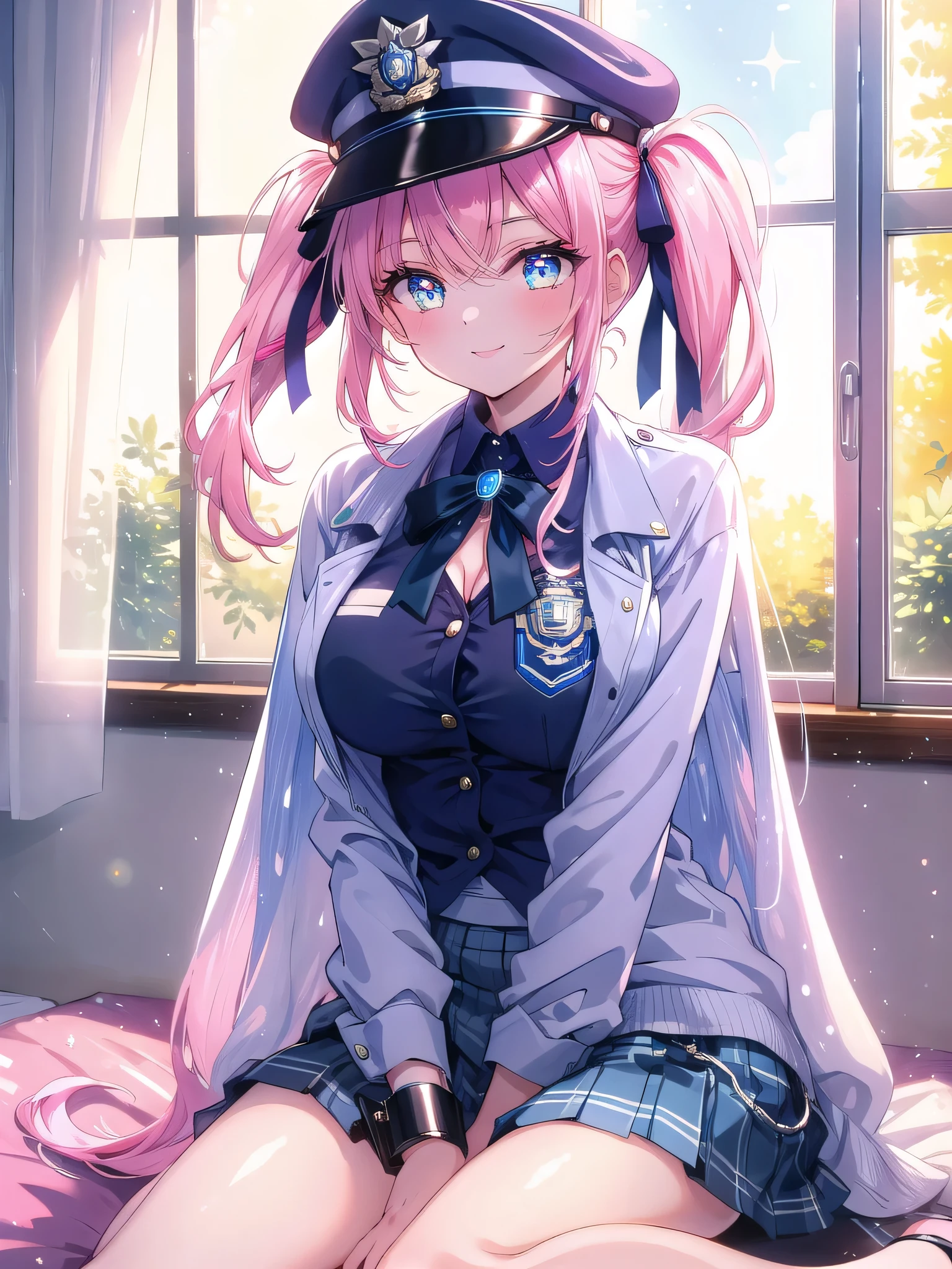 ((8k, Highest quality, masterpiece: 1.3)),Ultra-high resolution,(1 girl, alone), (Color changing eyes, Ultra-detailed, Expressive brilliance, Glitter, Glowing Eyes), Highly detailed eyes, Highly detailed face, Random Hair, ((pastel colour)),A playful young woman with pastel pink hair styled into twin ponytails, sitting on the floor of her brightly lit bedroom during a sunny morning. She is dressed in a subtly sexy police officer cosplay, wearing a tight blue shirt with a low neckline, a short skirt, and a police hat. The camera captures her from a frontal angle as she sits with her legs spread wide, leaning slightly forward while holding a pair of handcuffs with a teasing smile. The room is filled with natural sunlight, with police-themed accessories scattered around, creating a playful yet commanding atmosphere.