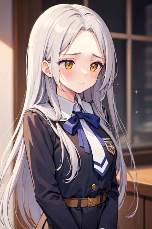 (Mastepiece), (Ultra detailed), (Best quality), Intracate detail, (( Beautiful girl )), 18 years old, very long gray hair, straight hair, wavy hair, shy expression, blushing, (Squint:1.4), tokiwadai high school uniform, detailed face, detailed eye, sharp face, yellow eye, sparkling eyes perfect eye, (Blur backround:1.3), (White backround:1.1), Classroom, (Sleepy:1.4)