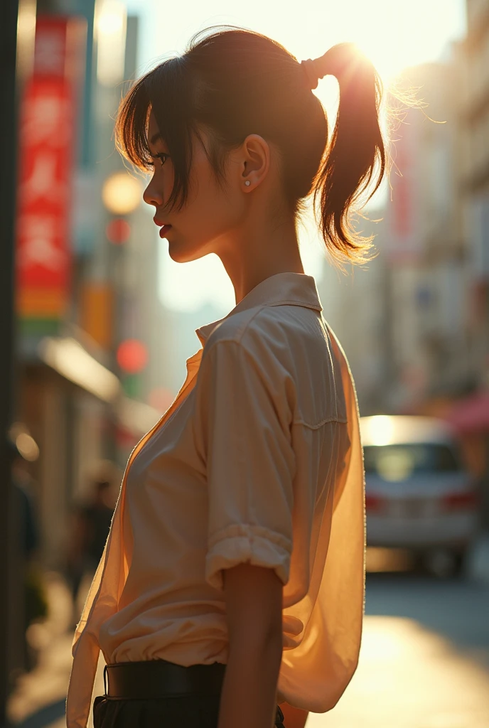 {Highest quality}, {{masterpiece}}, {Very delicate and beautiful},Excellent light and shadow,Clear, bright sunlight,Large Breasts,blush,short hair,Strong sunlight,Delicate hair,Realistic skin texture, Breast,((Strong light hitting your face)),（Masami Nagasawa）,((masterpiece, Highest quality)), Woman in a shirt , Side view, ponytail,(Highest quality,8k,uhd,Best image quality,masterpiece),One beautiful woman,(alone:1.1)、Perfect beautiful composition、(はち切れそうなほどLarge Breasts:1.1)、(Exactly:1.1)、(Accentuate your body lines:1.1)、(Very short hair:1.1)、Slender body、(Boldly exposing her beautiful thighs:1.2)、(Photo on the buttocks:1.2)、(Blurred Background:1.1)、(A strongly blurred cityscape of Showa era in the background:1.1),Near-blur,Lens flare,Sparkle Effect,Perfect body, Sexy expression, Highly detailed art photograph, Bold Pose,lustrous,Seductive aura,Vivid Rouge,Open underwire cups