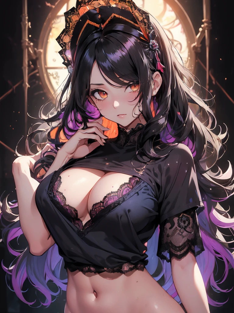 masterpiece, best quality,absurdres,(アニメ),1 lady, (black hair:1.3),wavy hair,(orange eyes:1.1),(hair over one eye:1.2),wavy hair,, Shy and surprised,BREAK,(indigo T-shirt with black lace overlay:1.2),,(purple and black lace headdress:1.1),BREAK,(nsfw:1.3),is focus ,(cowboy shot),is,(bend backward:1.1),plants background,wet hair, against glis, (((is on glis))), (((is press,))),Backlight,Shiny Hair,Curly hair,Stylish hairstyle,Nipple erection,Glamorous Body,Stylish shirts,No bra,Realistic Flesh,