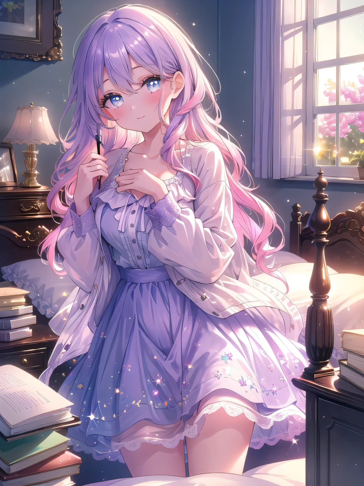 ((8k, Highest quality, masterpiece: 1.3)),Ultra-high resolution,(1 girl, alone), (Color changing eyes, Ultra-detailed, Expressive brilliance, Glitter, Glowing Eyes), Highly detailed eyes, Highly detailed face, Random Hair, ((pastel colour)),A cheerful young woman with pastel lavender hair styled into loose waves, lying on her back on her bed in her softly lit bedroom during a calm afternoon. She is dressed in a simple yet subtly sexy librarian cosplay, wearing a fitted blouse with a deep neckline and a pencil skirt that’s slightly hiked up. The camera captures her from a top-down angle as she gazes up at the camera with a soft smile, her pose emphasizing her curves while she holds a book close to her chest. The room is warmly lit by the afternoon sun, with books neatly stacked on a bedside table, creating an intellectual yet intimate atmosphere.

