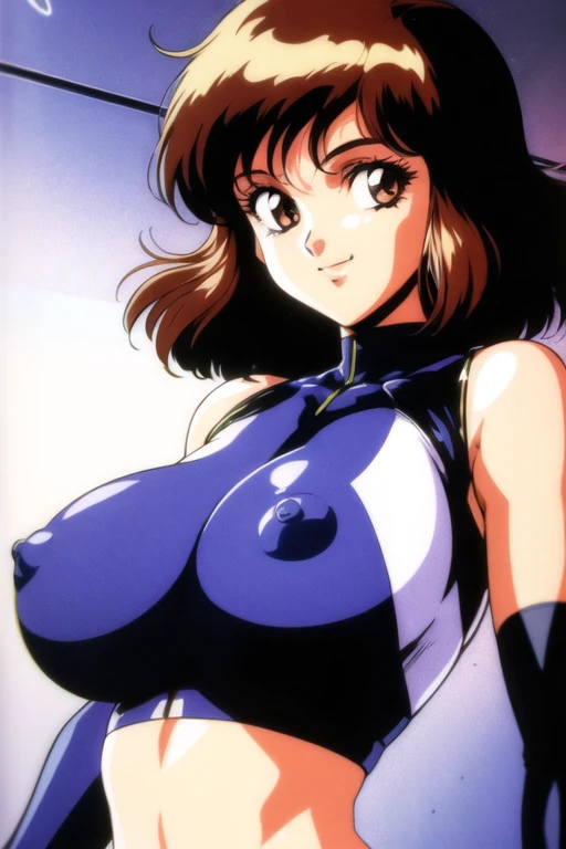 1girl, solo, looking at viewer, (upper body:1.2), breast focus, dark brown eyes, dark brown hair, bare shoulders, sleeveless, crop top, battle suit, science fiction, retro artstyle, 1980s (style), operator, (big breasts:1.2), erect nipples, smile,
