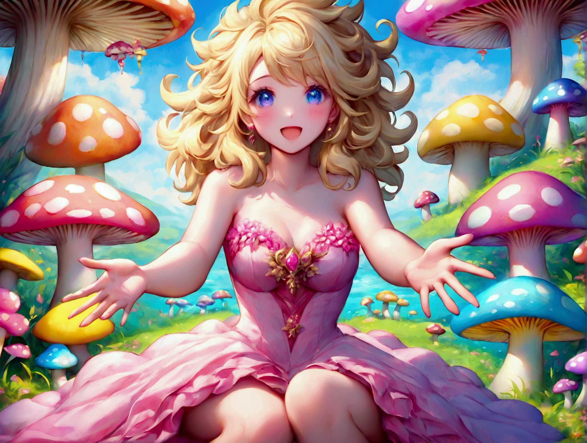 a beautiful nude 20 year old blonde woman with big messy hair, reaching for a glowing mushroom, sitting on a giant glowing mushroom, fantasy art style, cartoon vibrant, cute detailed digital art, colorful digital fantasy art, digital fantasy art ), glossy digital painting, pastel vibrant