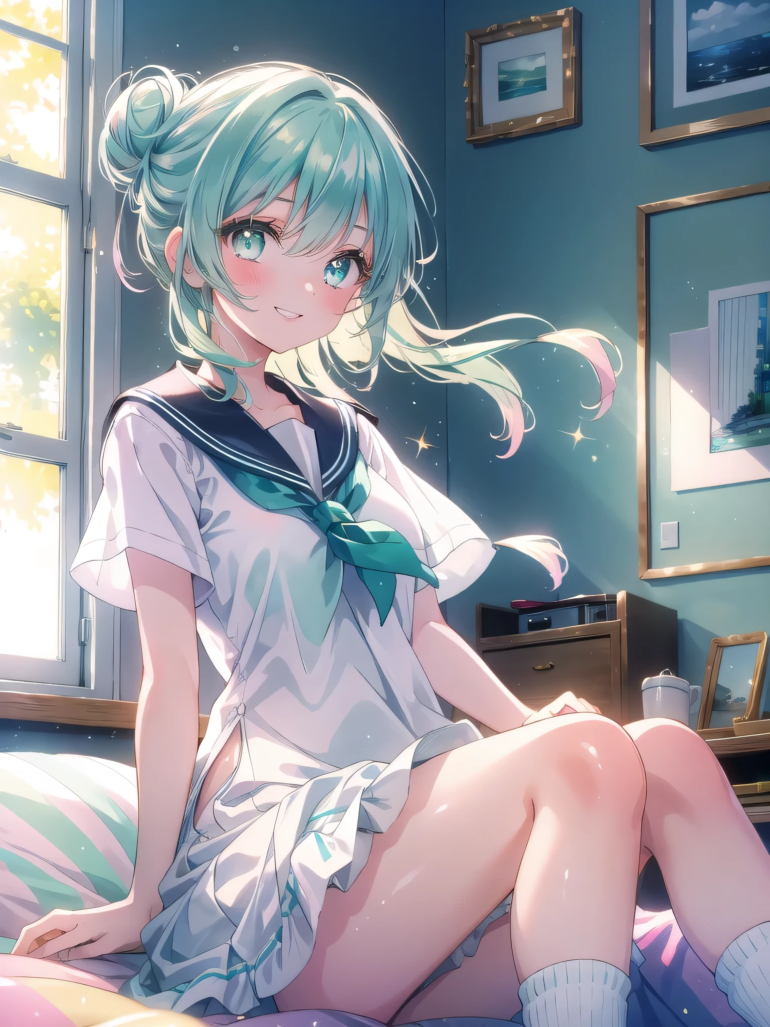 ((8k, Highest quality, masterpiece: 1.3)),Ultra-high resolution,(1 girl, alone), (Color changing eyes, Ultra-detailed, Expressive brilliance, Glitter, Glowing Eyes), Highly detailed eyes, Highly detailed face, Random Hair, ((pastel colour)),A lively young woman with pastel mint-green hair styled into a messy bun, sitting cross-legged on the floor of her sunlit bedroom during a bright afternoon. She is dressed in a cute yet subtly sexy sailor cosplay, wearing a short sailor dress with a low neckline and knee-high socks. The camera captures her from a low angle as she sits with her legs spread, leaning forward slightly with a playful grin, emphasizing her youthful charm. The room is bathed in natural sunlight, with a small anchor decoration in the background, creating a fresh and nautical atmosphere.