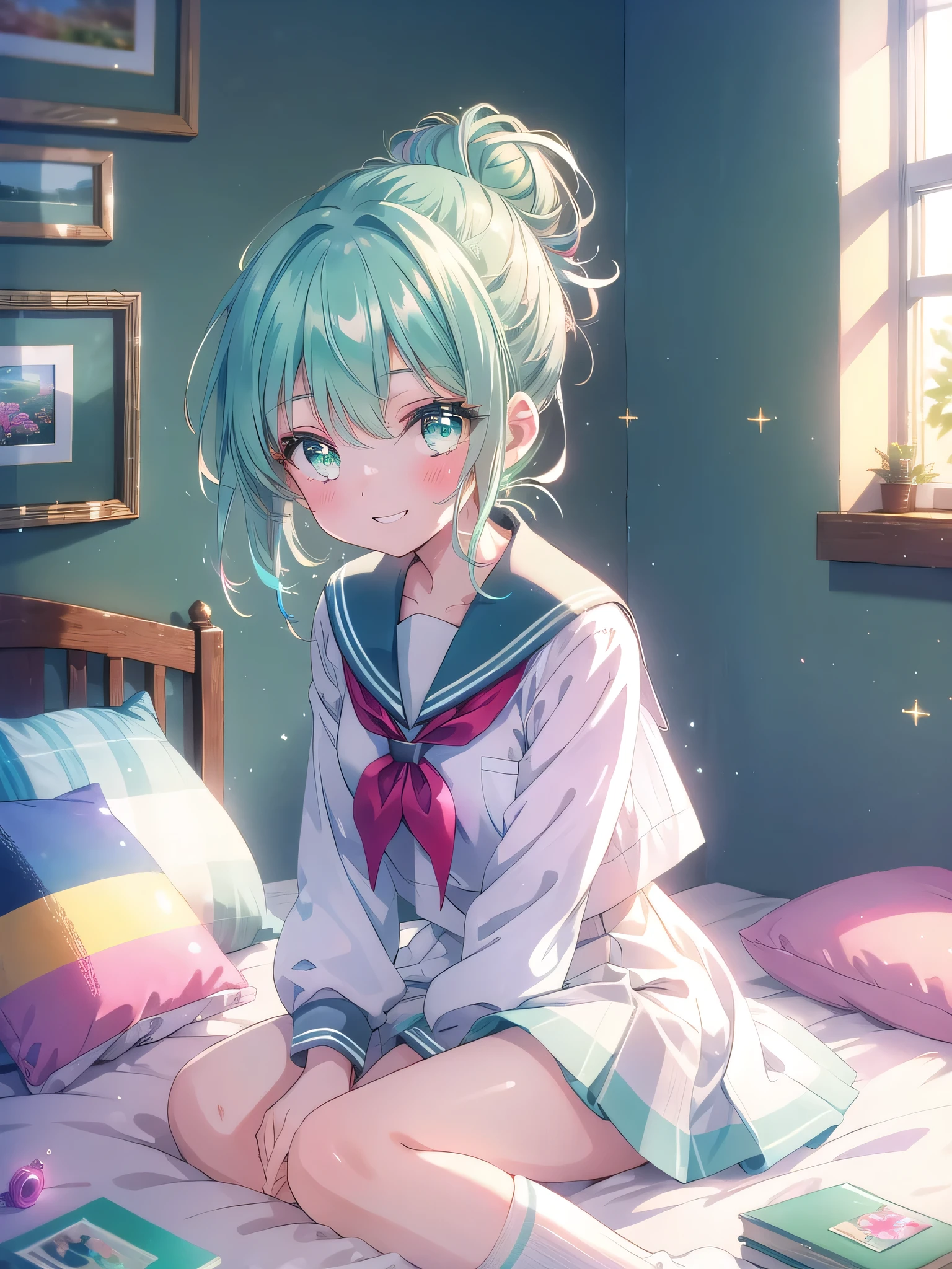 ((8k, Highest quality, masterpiece: 1.3)),Ultra-high resolution,(1 girl, alone), (Color changing eyes, Ultra-detailed, Expressive brilliance, Glitter, Glowing Eyes), Highly detailed eyes, Highly detailed face, Random Hair, ((pastel colour)),A lively young woman with pastel mint-green hair styled into a messy bun, sitting cross-legged on the floor of her sunlit bedroom during a bright afternoon. She is dressed in a cute yet subtly sexy sailor cosplay, wearing a short sailor dress with a low neckline and knee-high socks. The camera captures her from a low angle as she sits with her legs spread, leaning forward slightly with a playful grin, emphasizing her youthful charm. The room is bathed in natural sunlight, with a small anchor decoration in the background, creating a fresh and nautical atmosphere.
