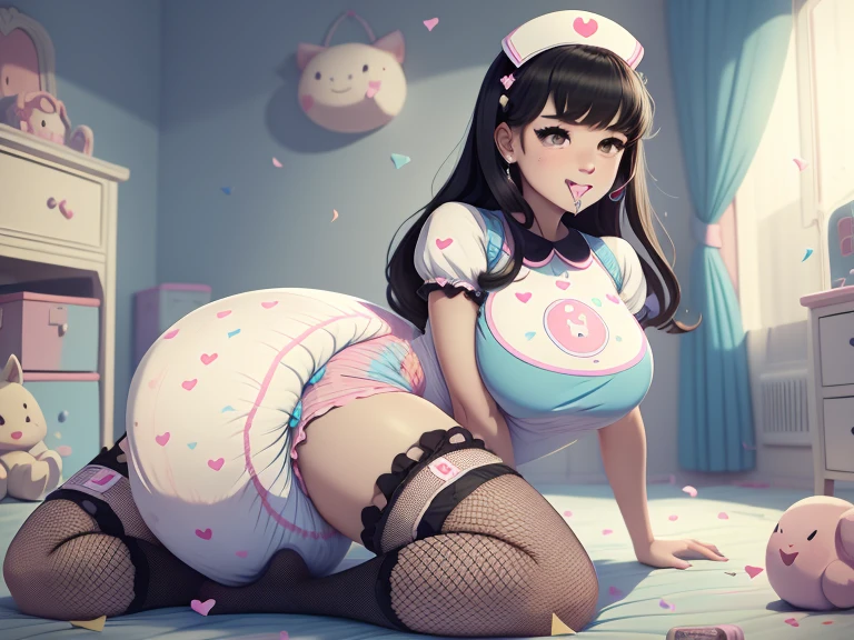 A confident mommydom wearing a big bulbous puffy diaper, heart emojis, bedroom, fishnet stockings, pretty eyes, seductive, flirty, colorful, puffy dress,  room, diapers, confetti, cake,Black Silk,Trojans,Maid costume,The girl is drinking from the bottle and holding a baby toy,She is wearing a nurse's uniform,She stuck out her tongue and looked like she was enjoying it