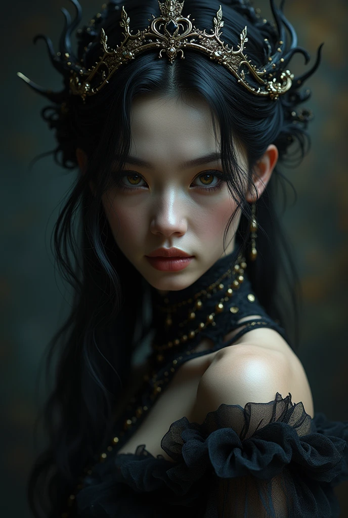 goddess (absurdres, highres, ultra detailed), elegant, Darkness, highest detailed, upper body ,showing an attitude face ., beautiful darkfantasy, sharp focus, hd details, 8k resolution, studio photo, intricate details, highly detailed, anatomical correct,epic fantasy digital art,Masterpiece artwork,8k,high-definition resolution, Quality Superior, Epic composition