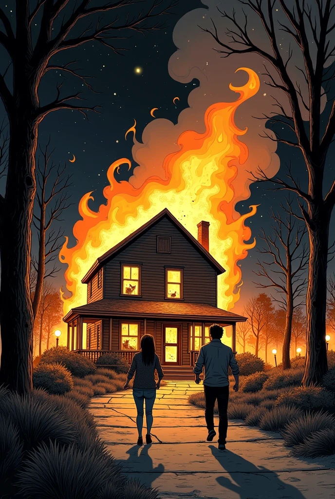 An American house caught fire one night in manga style