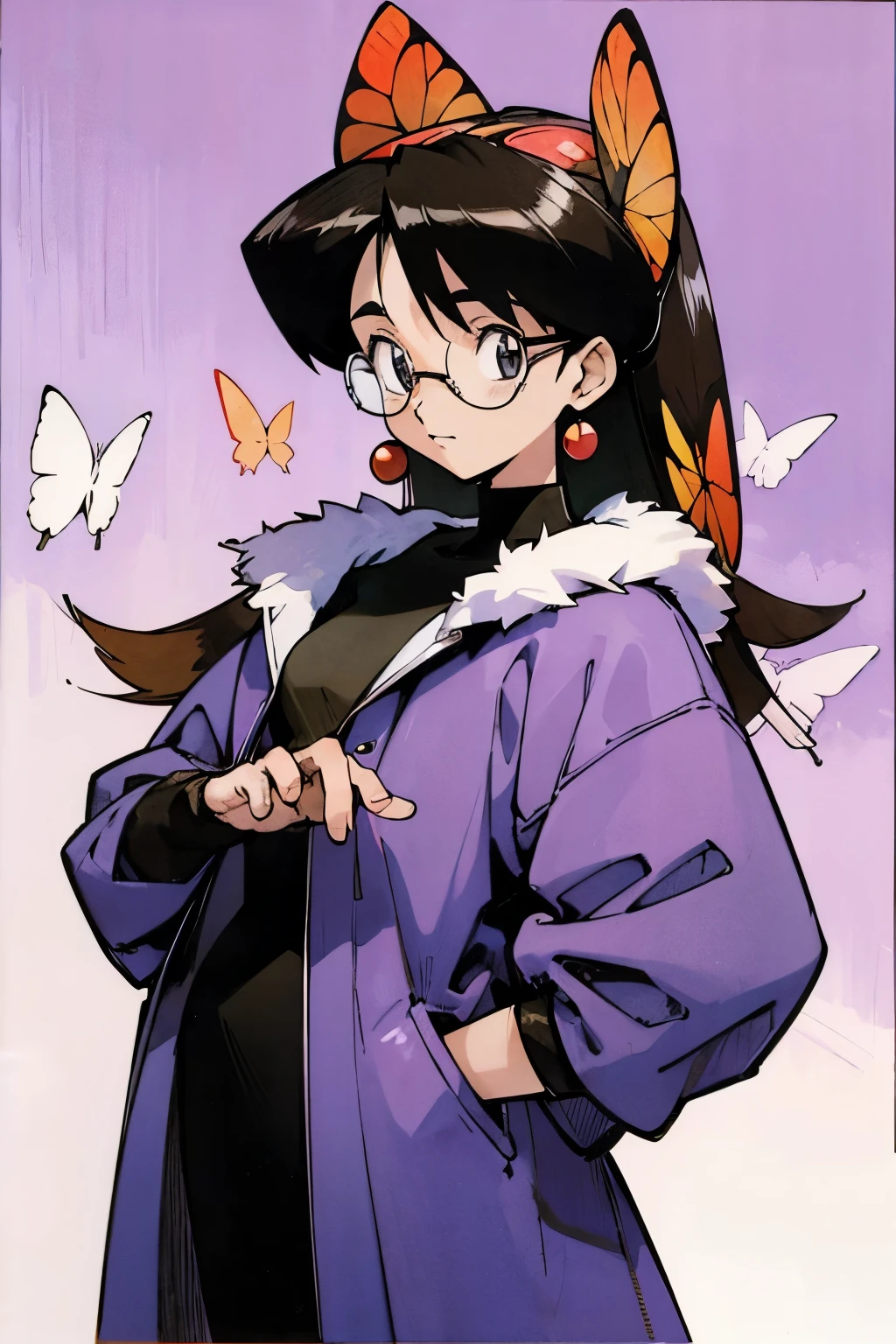 by Ken Sugimori, sugimori 1990s, ((only 1woman)), fur jacket, glasses, jewelry, butterflies in the background ((hands behind their back)), full black pupils, manga, best quality, highly detailed, clean lines, cowboy shot, good hands, good eyes, hd, 8k, professional, symmetrical, hires, 8k,