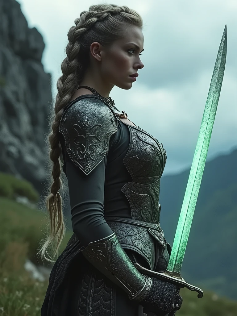 a voluptuous sexy hourglass body, muscular female viking warrior, braided hair, holding a sword, medieval setting, (best quality,4k,8k,highres,masterpiece:1.2),ultra-detailed,(realistic,photorealistic,photo-realistic:1.37),beautiful detailed eyes,beautiful detailed lips,extremely detailed eyes and face,longeyelashes,intricate details,highly detailed armor,glowing sword,dramatic lighting,moody atmosphere,epic landscape,lush greenery,rocky terrain,cloudy sky. (Michelle Pfeiffer:0.5, Naomi watts:0.3)
