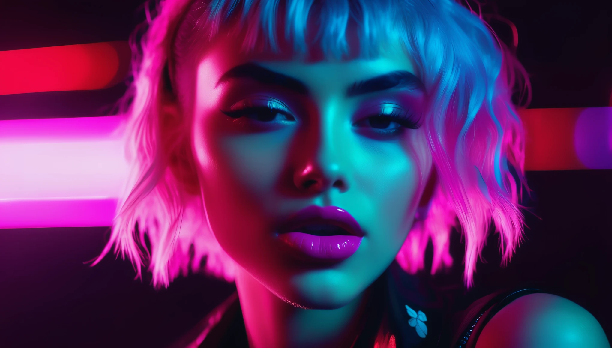 close-up beautiful young punk rock woman very detailled and sharp, with a strawberry in the mouth, na cor, retro neon synth wave with lyrics, subtly illuminating the face and body with magenta neon lights, black backdrop, very detailled, 32 mil, sharp focus, work of art