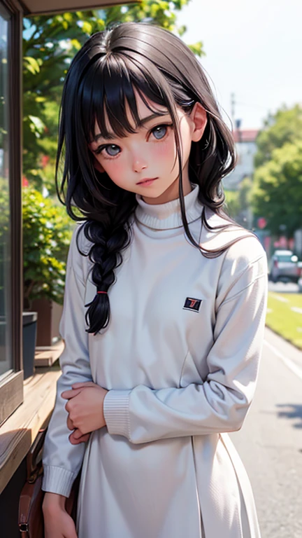 One Woman, alone, alone Focus, Cowboy Shot, Portraiture,Beaver,((Black Hair)), Braiding, Very beautiful eyes, work, White knit, (Small TI quality, Very detailed,uniform,Touched by many men