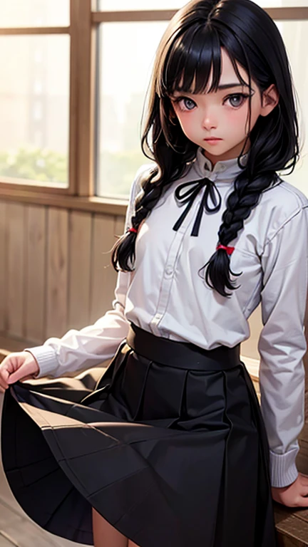 One Woman, alone, alone Focus, Cowboy Shot, Portraiture,Beaver,((Black Hair)), Braiding, Very beautiful eyes, work, White knit, (Small TI quality, Very detailed,uniform,Touched by many men