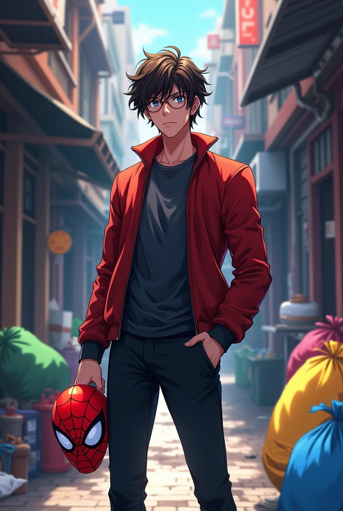 A handsome man with a Spiderman mask in his hand in front of the trash.,anime styling