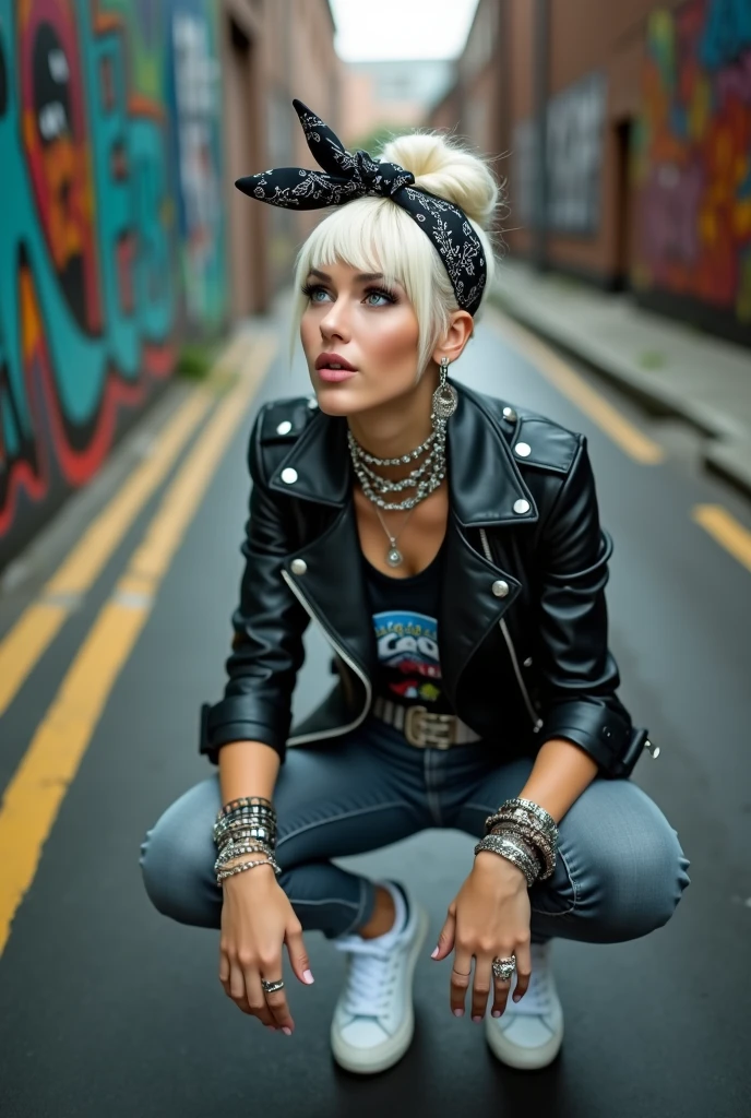 russian milf woman, platinum blonde hair (huge top bun) with black parsley bandana headband, with very light blue eyes, extremely pale. Wearing black moto jacket, cropped metal band t-shirt, skinny dark grey jeans and white tennis sneakers . Lots of metallic bracelets and collars. Tacky leather belt with oversized buckle. Wide loop earrings. Kneeling in a payer, chin up,  eyes and mouth wide open in amazement. Hands on her knees