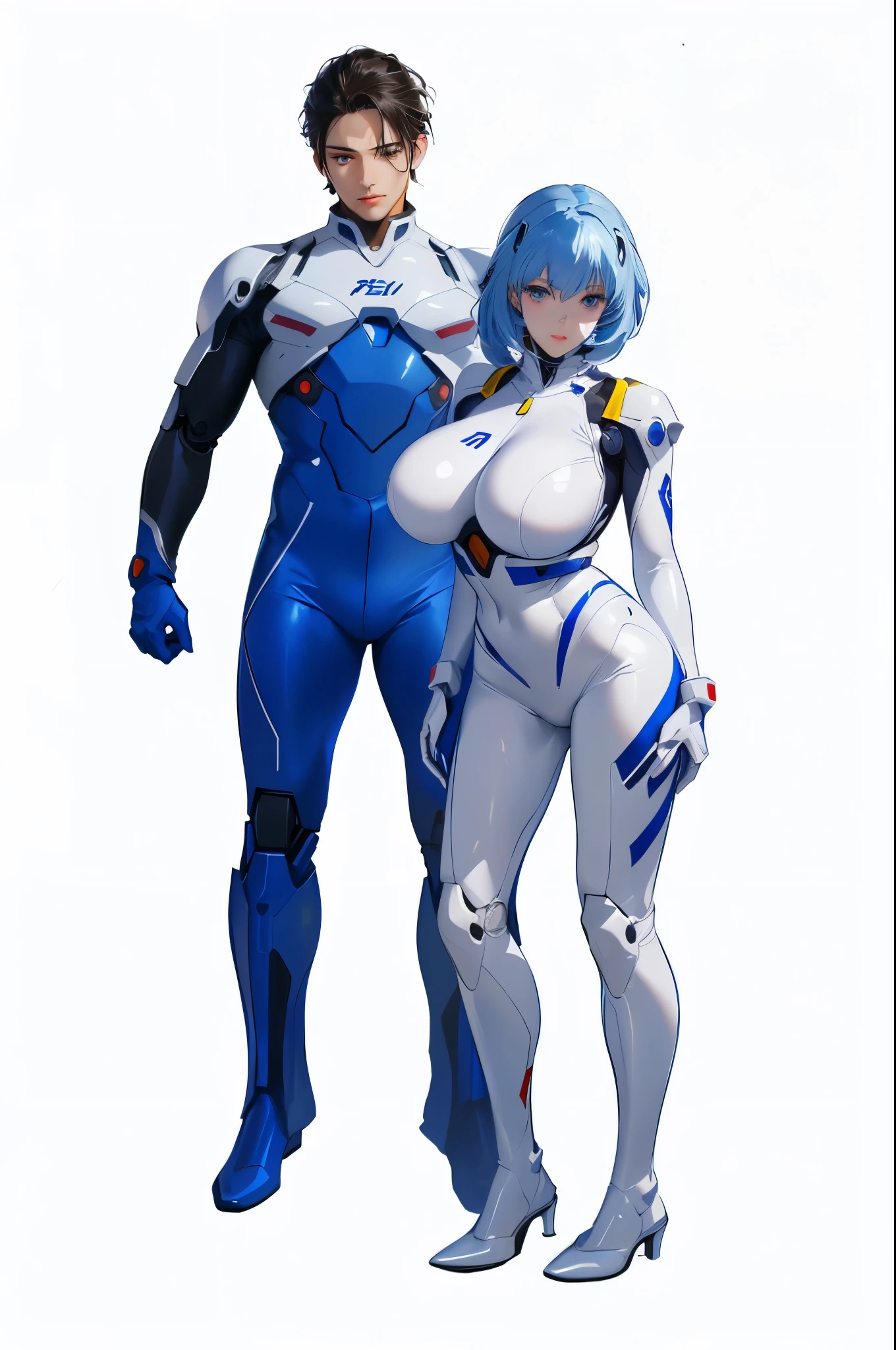 Dressed in blue and white、Anime style male and female couple, Cyber Suits, ayanami, Rei Ayanami, Female body type, rogue anime girl ayanami rei, diverse Cyber Suits, Mech Suit, Female cyborg body, Cyber Suit, A blue cyborg, A mix of anime robots and organic matter, Cyber Suit, Wearing white futuristic armor
