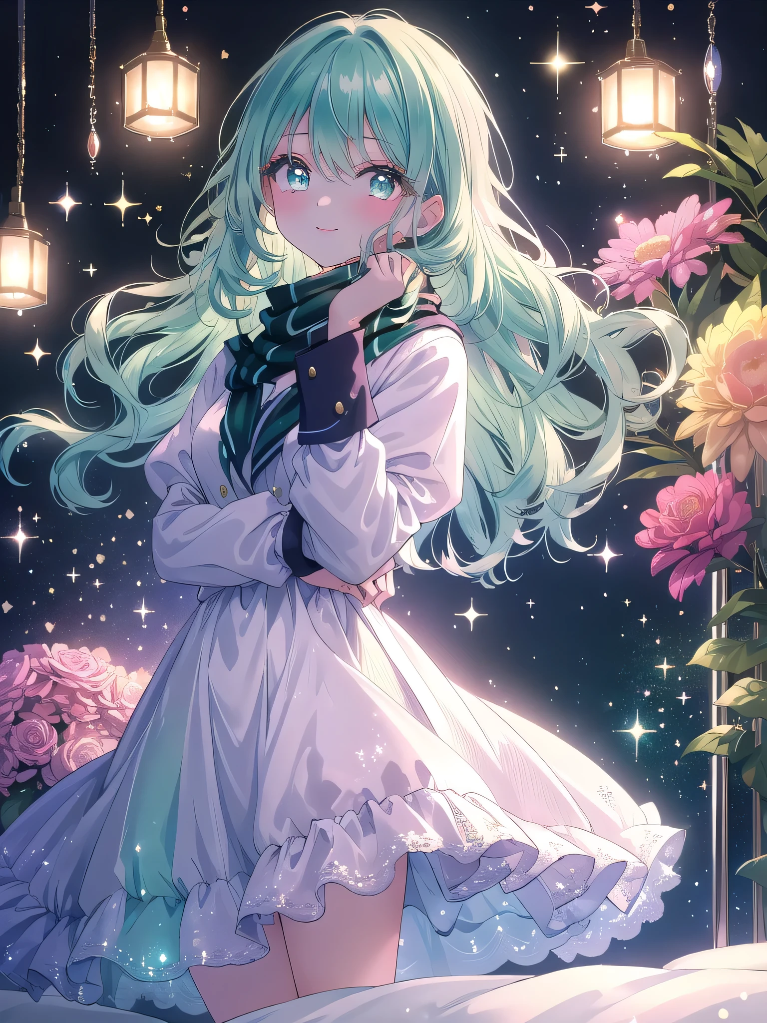 ((8k, Highest quality, masterpiece: 1.3)),Ultra-high resolution,(1 girl, alone), (Color changing eyes, Ultra-detailed, Expressive brilliance, Glitter, Glowing Eyes), Highly detailed eyes, Highly detailed face, Random Hair, ((pastel colour)),A joyful young woman with pastel mint-green hair styled into loose waves, lying on her back on her bed in her softly lit bedroom during a late evening. She is dressed in a subtly sexy stewardess cosplay, wearing a fitted uniform dress with a deep neckline and a small neck scarf. The camera captures her from a top-down angle as she gazes up at the camera with a confident smile, her legs slightly apart while her arms are casually resting beside her. The room is dimly lit by a single bedside lamp, with travel-themed decorations around, creating a professional yet relaxed atmosphere.
