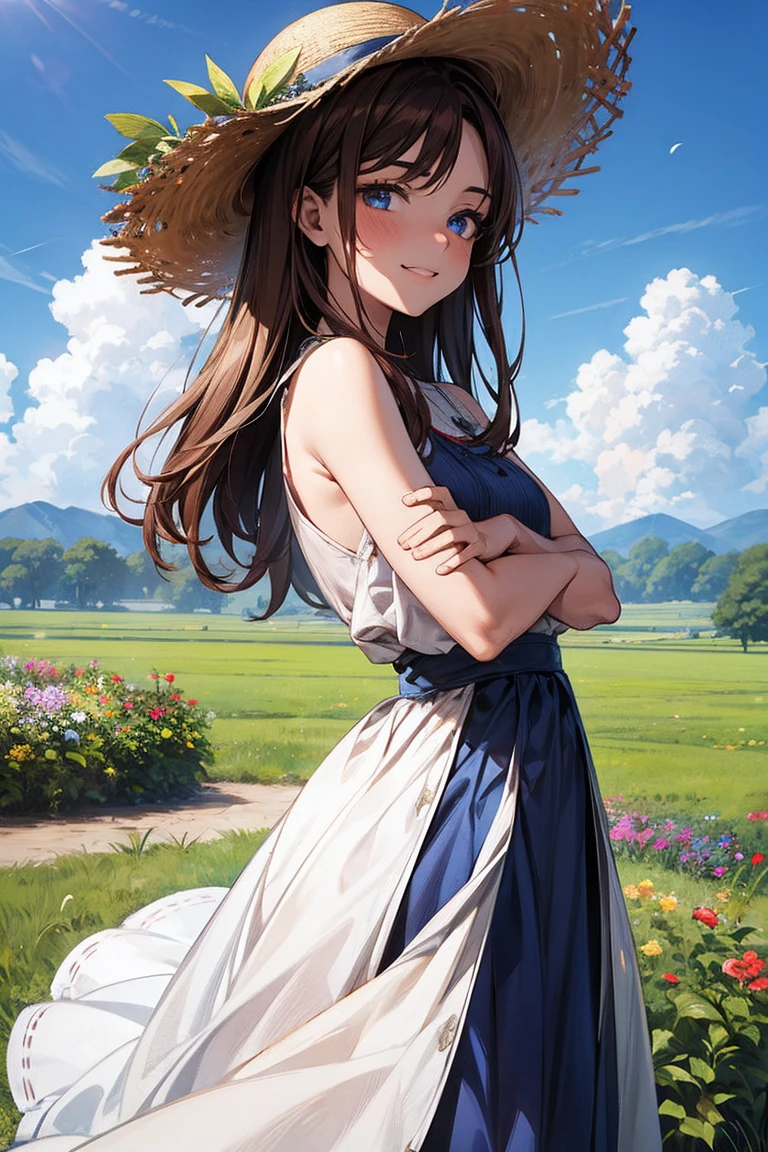 masterpiece, stunningly realistic, Highest quality, Sharpness, 1 person, 15 years old, Red Face, smile、Mouth open, Medium Hair, Unkempt brown hair, straw hat, Deep blue eyes, Navy Blue、Summer Dresses、 Brown Hair, Deep blue eyes, Complex pupil, Intricate weaving, Beautiful details, (Put your arms behind your back:1), Standing in the garden,