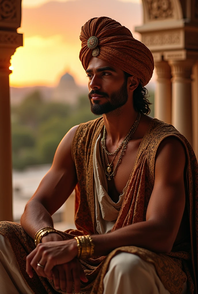 A handsome young man sitting wearing a turban, he is from ancient times. 