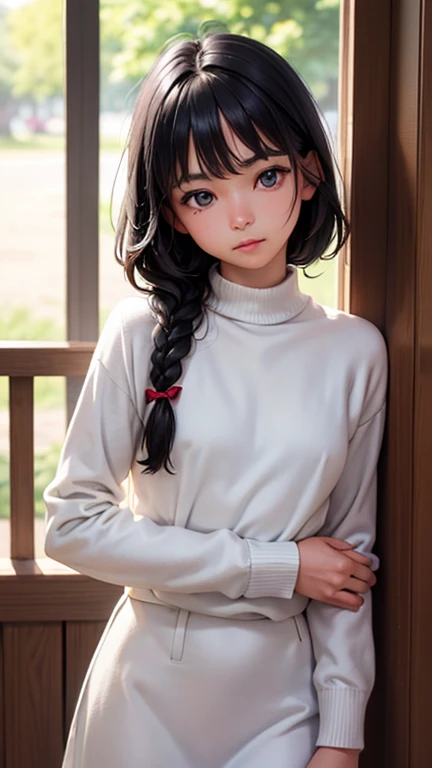 One Woman, alone, alone Focus, Cowboy Shot, Portraiture,Beaver,((Black Hair)), Braiding, Very beautiful eyes, work, White knit, (Small TI quality, Very detailed,uniform,Touched by many men