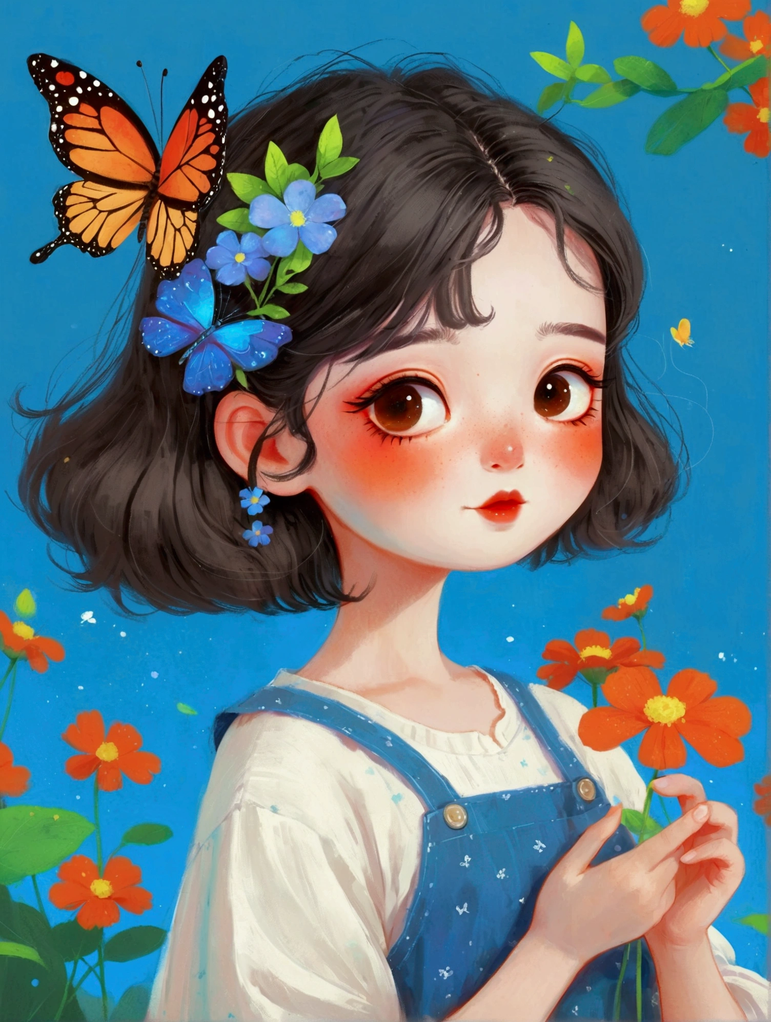 cartoon girl holding a butterfly and a flower in her hand, cute digital art, adorable digital painting, a beautiful artwork illustration, cute detailed digital art, by Yang J, cute art style, by Li Song, butterfly, cute illustration, exquisite digital illustration, cute detailed artwork, cute cartoon character, artwork in the style of guweiz, by Ye Xin