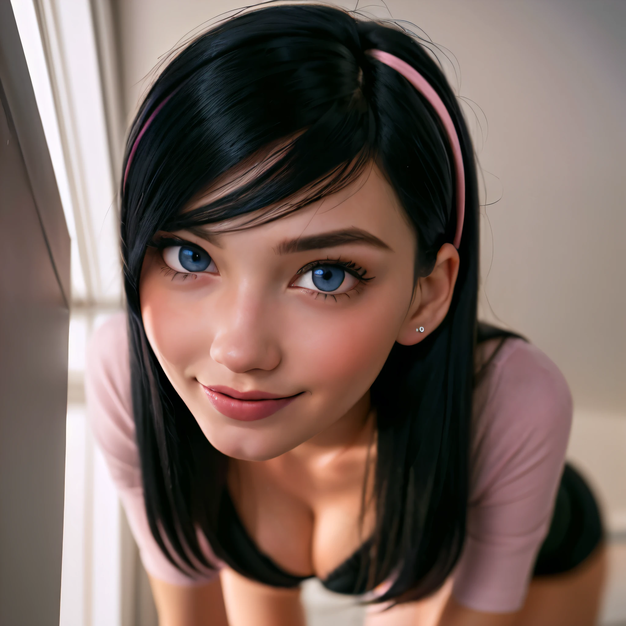 photorealistic,(best quality:1.4),(shiny skin), body focus, (((best quality))), illustration, ((Beautiful Finger)), , Beautiful body, Beautiful character design, ,perfect lighting, Colorful, Bright_Front_face_Lighting, ultra high res, highres, absurdres:1.2, bokeh:1.2, lens flare, (vibrant_color:1.2), (Beautiful, medium breasts:1.2), (thick thighs:1.1), THICK,
small nose, long black hair with pink hair clip, goth outfit, cleavage, looking at viewer, smile, pink blush on cheeks, large blue eyes, white left eye with black pupil visible, short hair, 20 years old, shot from below, on all fours