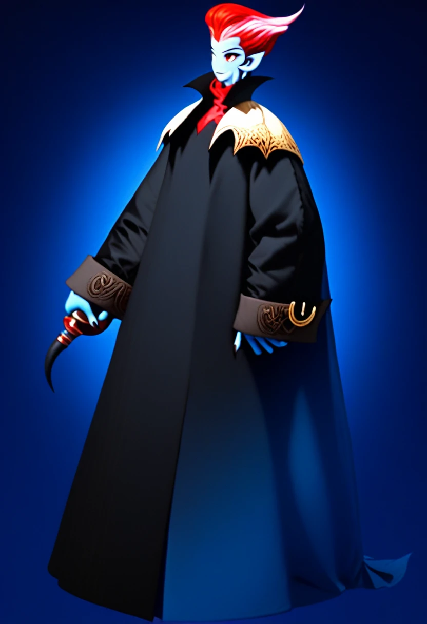 Oc,na’vi, a alien blue skin skinny buff femboy man wearing black trench-coat with a red mark on the bust,red hair,thick, in an 90’s style. He’s androgynous , fullbody,including some weapons and a sensual , cool expression.The scene has a cool,sweet,stargate/Bill Sienkiewiczy style and a vibrant tone. Modern urban setting in the background.
