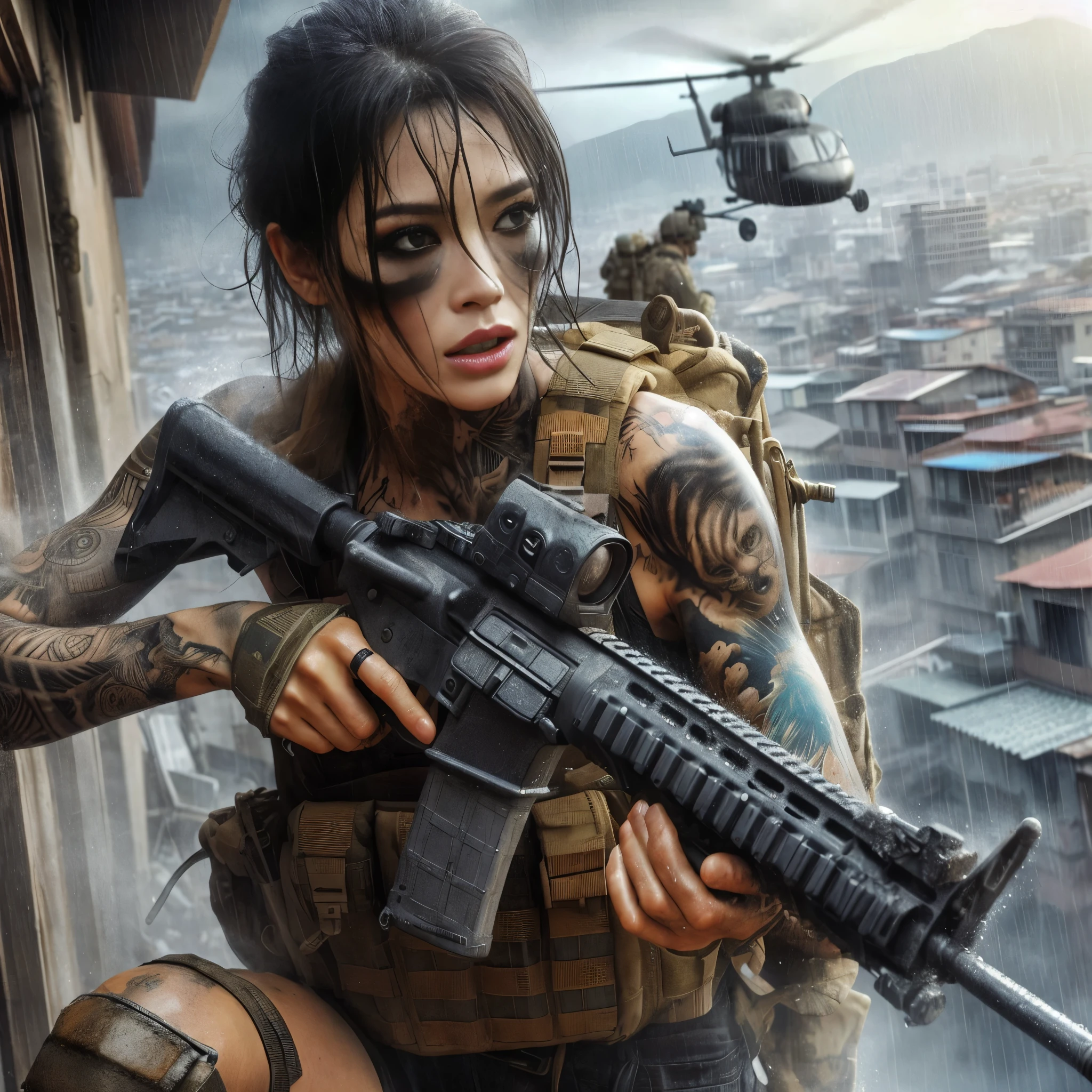 8k,Realistic Photo、Realistic Skin Texture、Superrealism、Japanese women in the U.S. military、Tattoo、Beauty、American cityscape、Jump from the roof of an old building to the roof of the next building、Automatic rifle、Heavy equipment、after the rain、Covered in scars、It is dirty、muscle、The background is out of focus、While avoiding gunfire、Desperate look、Dramatic composition、action、Fierce Battle、Ace