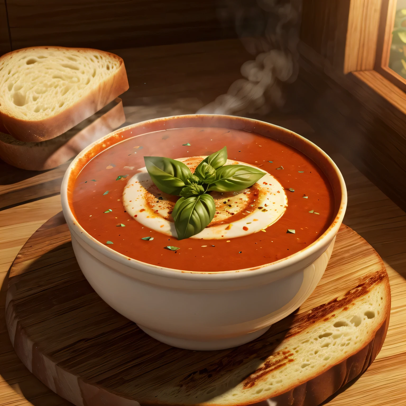 a steaming hot bowl of delicious tomato soup, detailed realistic 3D rendering, glossy surface, hot steam rising, garnished with fresh basil leaves, crusty bread on the side, warm lighting, photorealistic, 4k, highres, best quality