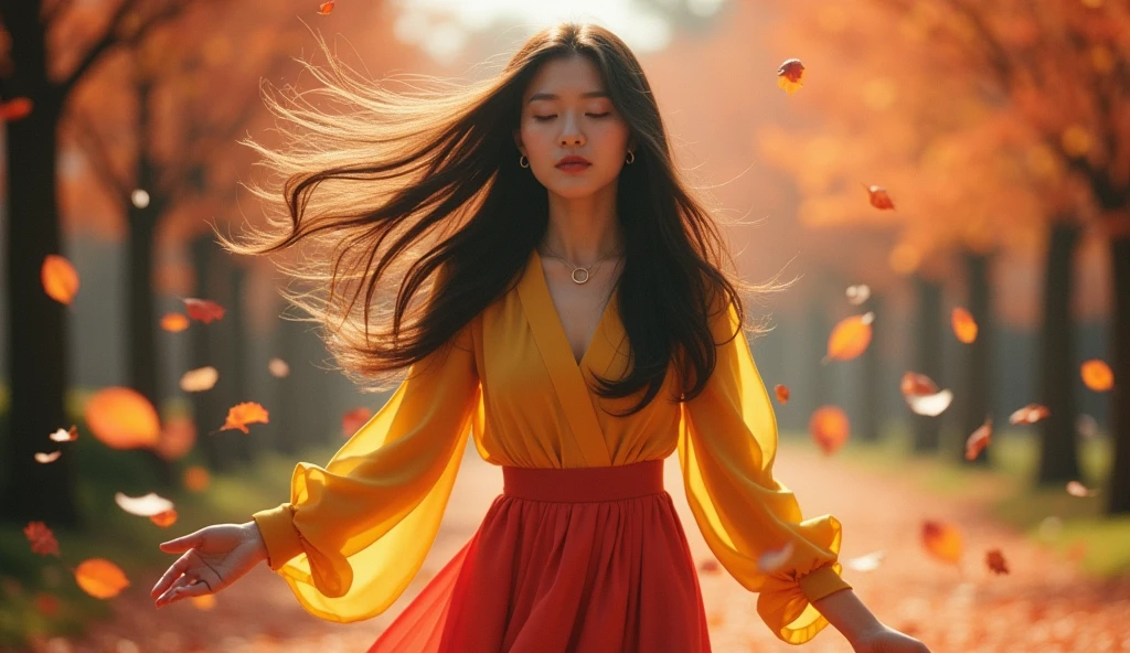 a korean woman with her long hair flying in the air, in the style of louis stettner, marta bevacqua, pinhole cameras, brad kunkle, autumn scenes, cherry blossom leaves fall, uhd image, close up --ar 71:128 --stylize 750 --v 6