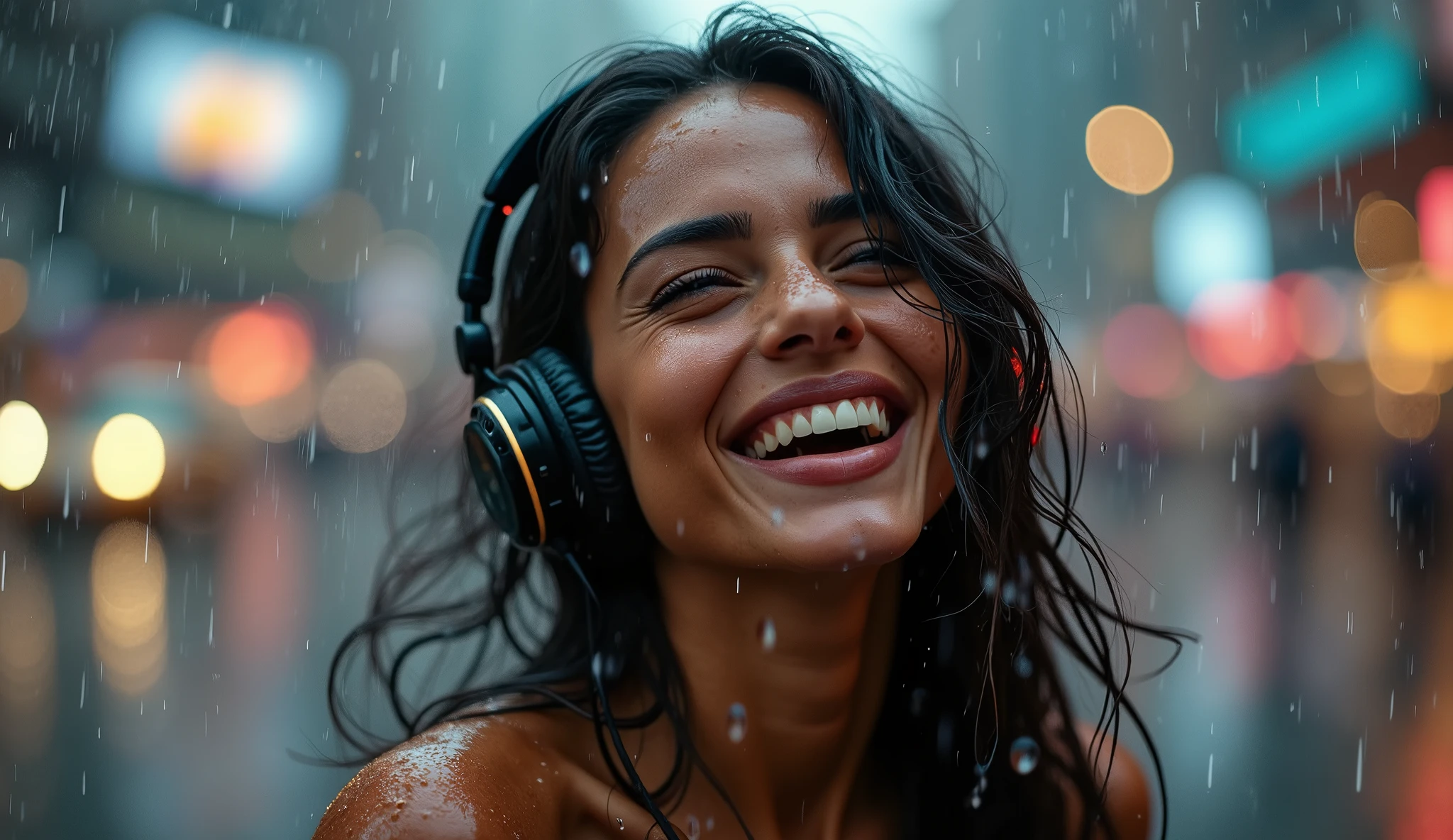 A beautiful Persian light skin woman , dancing in heavy rain, she wears a headphone and is enjoying the music .wet face, wet body, messy hair, high resolution, ultra-detailed, extremely detailed, woman is very sharp focused