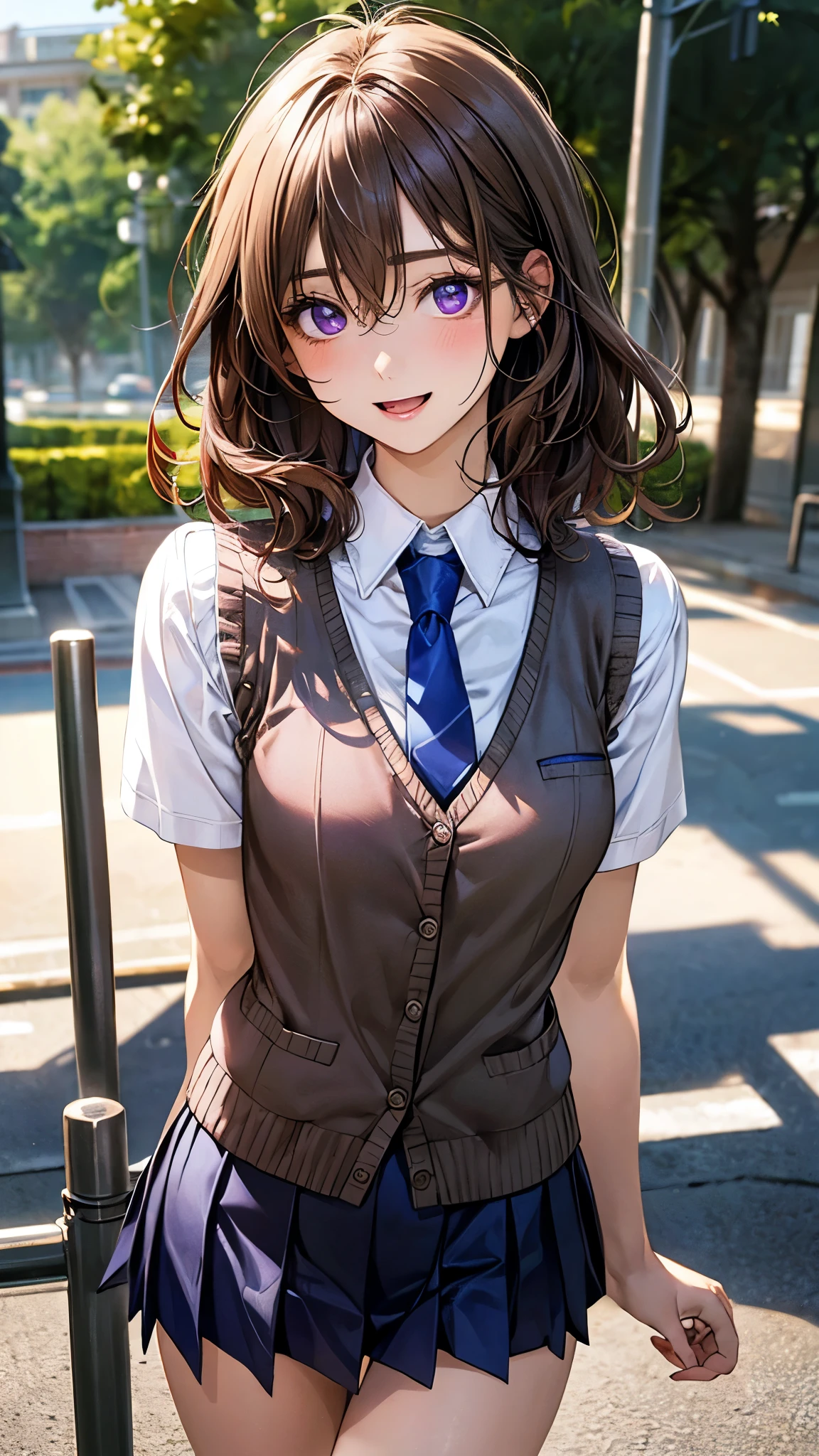 (masterpiece:1.2, top-quality), (realistic, photorealistic:1.4), beautiful illustration, (natural side lighting, movie lighting), depth of fields,
beautiful detailed hair, beautiful detailed face, beautiful detailed eyes, beautiful clavicle, beautiful body, beautiful chest, beautiful thigh, beautiful legs,
looking at viewer, 1 girl, high school girl, (perfect ???????, anatomically correct, super detailed skin), cute and symmetrical face, babyface, perfect face, perfect eyes, perfect body,
(short hair, straight hair, wavy hair:0.8, light brown hair), hair between eyes, purple eyes, drooping eyes, big eyes, long eye lasher, (medium breasts, seductive thighs), shiny skin, pink skin,
(detailed cloth texture, break (khaki knit vest), break short sleeve white collared shirt, break cobalt blue pleated skirt, break cobalt blue tie),
(beautiful scenery), evening, (school yard:1.2), standing, (cute smile, open mouth small),