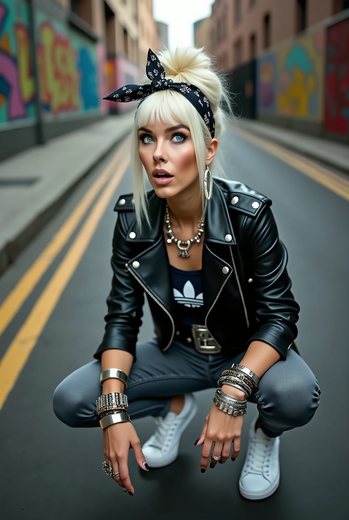 russian milf woman, platinum blonde hair (huge top bun) with black parsley bandana headband, with very light blue eyes, extremely pale. Wearing black moto jacket, cropped metal band t-shirt, skinny dark grey jeans and white tennis sneakers . Lots of metallic bracelets and collars. Tacky leather belt with oversized buckle. Wide loop earrings. Kneeling in a payer, chin up, eyes and mouth wide open in amazement. Hands on her knees