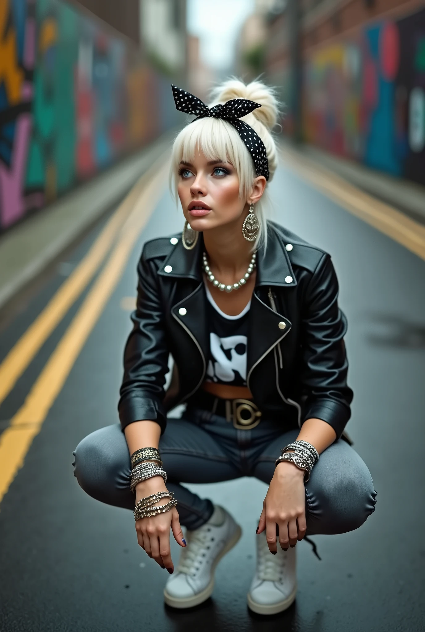 russian milf woman, platinum blonde hair (huge top bun) with black parsley bandana headband, with very light blue eyes, extremely pale. Wearing black moto jacket, cropped metal band t-shirt, skinny dark grey jeans and white tennis sneakers . Lots of metallic bracelets and collars. Tacky leather belt with oversized buckle. Wide loop earrings. Kneeling in a payer, chin up, eyes and mouth wide open in amazement. Hands on her knees