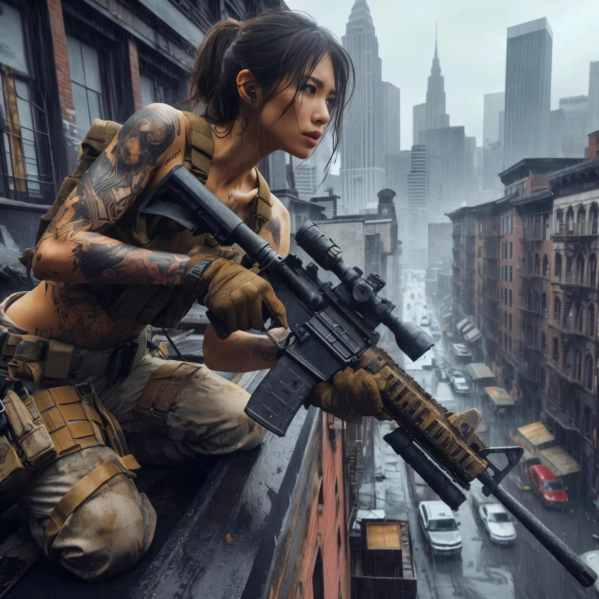 8k,Realistic Photo、Realistic Skin Texture、Superrealism、Japanese women in the U.S. military、Tattoo、Beauty、American cityscape、Jump from the roof of an old building to the roof of the next building、Automatic rifle、Heavy equipment、after the rain、Covered in scars、It is dirty、muscle、The background is out of focus、While avoiding gunfire、Desperate look、Dramatic composition、action、Fierce Battle、Ace