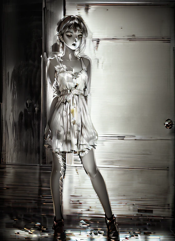 A painting of a teenage girl in a dress standing in front of a door., masterpiece、Highest quality、Fashion pose、Line art、
