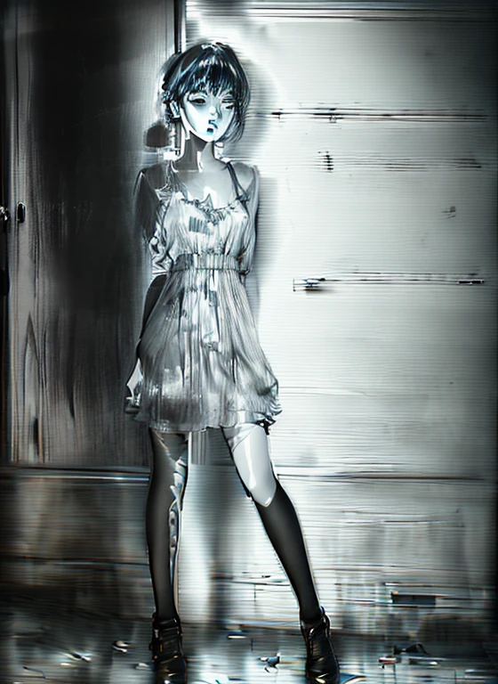 A painting of a teenage girl in a dress standing in front of a door., masterpiece、Highest quality、Fashion pose、Line art、