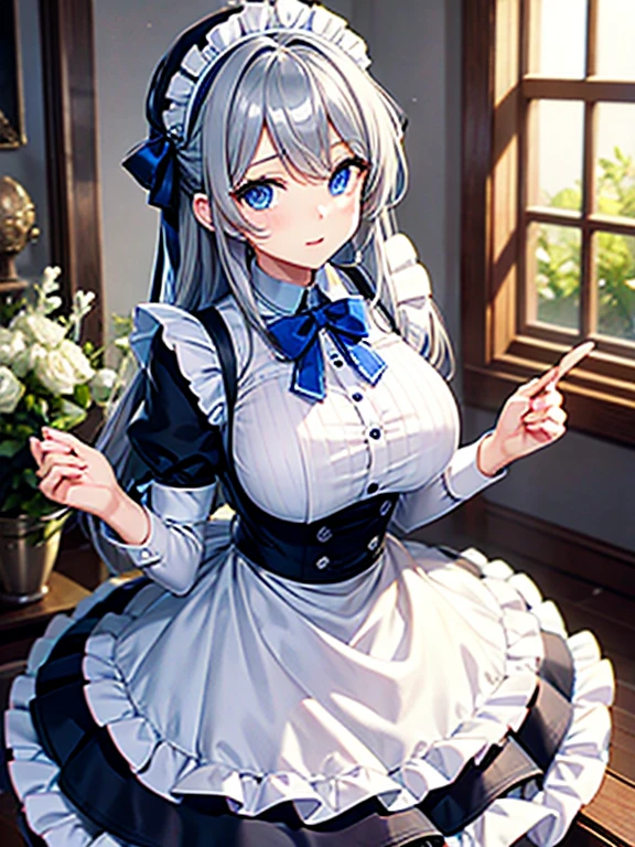 masterpiece,Highest quality,Busty woman in maid outfit,Gray Hair、blue eyes、Confused eyes、brainwashing、The mansion's dining room、Evil Female Executives、Adult、Sexy pose、Sitting、Sulky face、Upper body emphasis、Queen、Looking down、A look of contempt、Eyes of pity、sadist,Looking down,See the trash,From below,