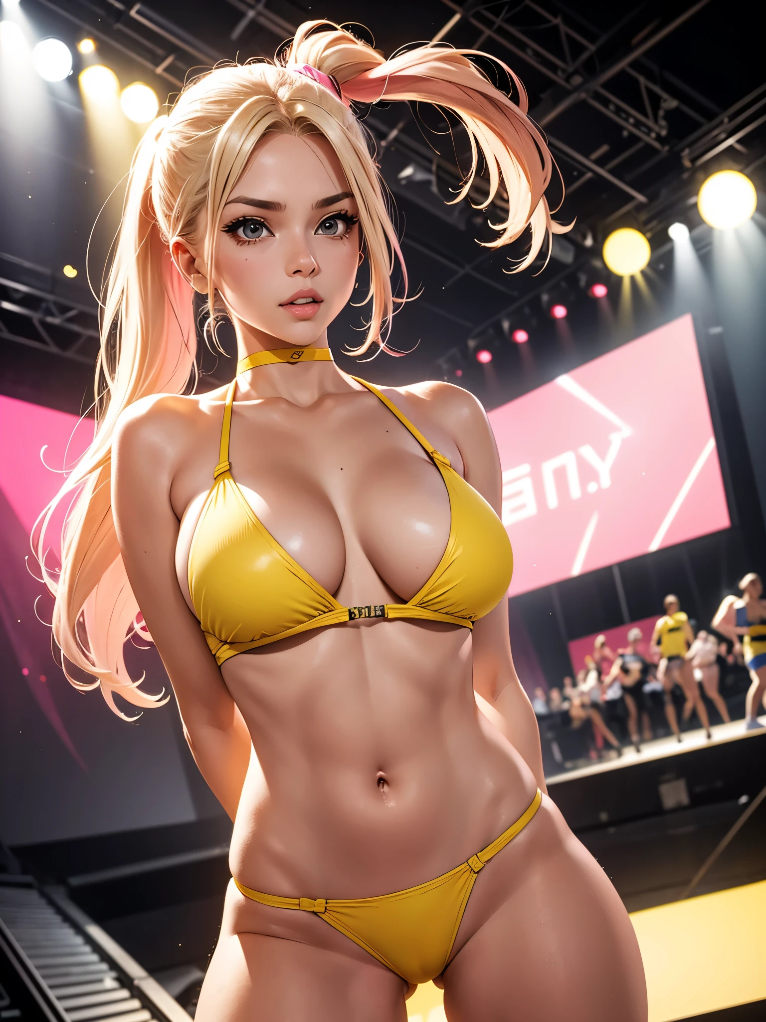 huge boobs. A Western woman with straight blonde and pink two-tone hair styled in a sleek ponytail, wearing a bright yellow bikini. a model looking directly at the camera. on the stage. no background. solo.
 she is walking.