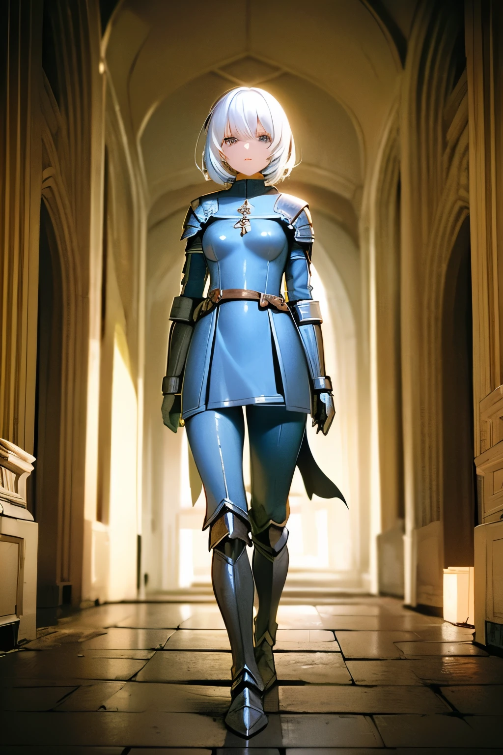 (masterpiece))), (((best quality))), ((ultra-detailed)), (cinematic lighting), (illustration), (beautiful detailed eyes), (1girl), full body, knight, armour, light hair, best quality, expressive eyes, perfect face, Girl: (20s, white hair, short hair, white jumpsuit, grey and blue armour, black gloves, knee boots, white pants), dungeon, brick floor, stone floor, underground, moss, walking, armored leotard, back, back focus, walking
