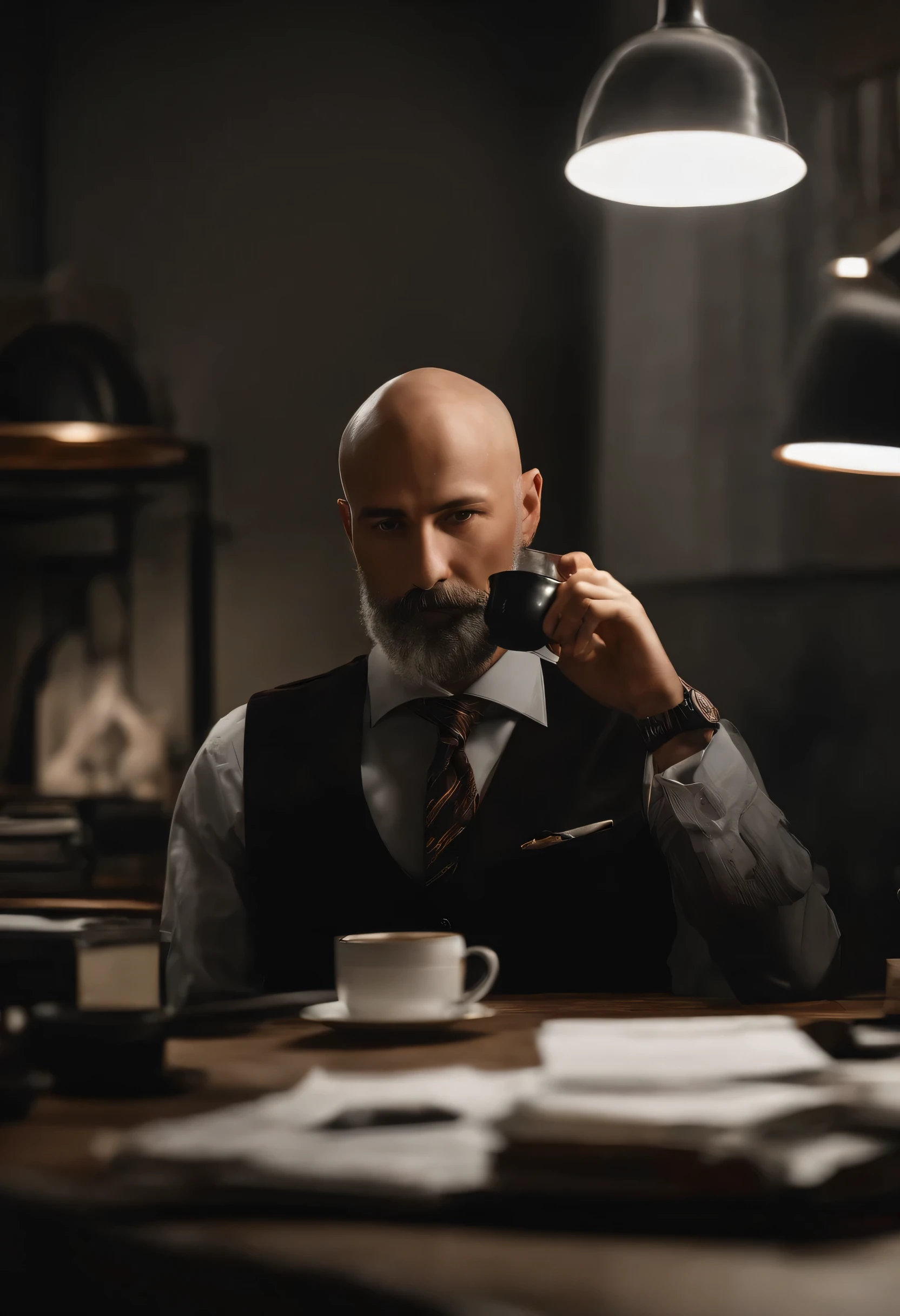 a 15 year old man, with a trimmed beard and shaved head, wearing white long-sleeved shirt and tie, drinking coffee, In a dimly lit office, Masterpiece artwork, best qualityer, 8k hd, dslr, film grain, Photorealistic Fujifilm XT3 midjourney art by Greg Rutkowski