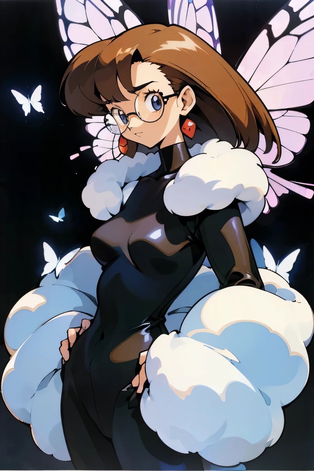 by Ken Sugimori, sugimori 1990s, ((only 1woman)), fur jacket, glasses, jewelry, butterflies in the background ((hands behind their back)), full black pupils, manga, best quality, highly detailed, clean lines, cowboy shot, good hands, good eyes, hd, 8k, professional, symmetrical, hires, 8k,