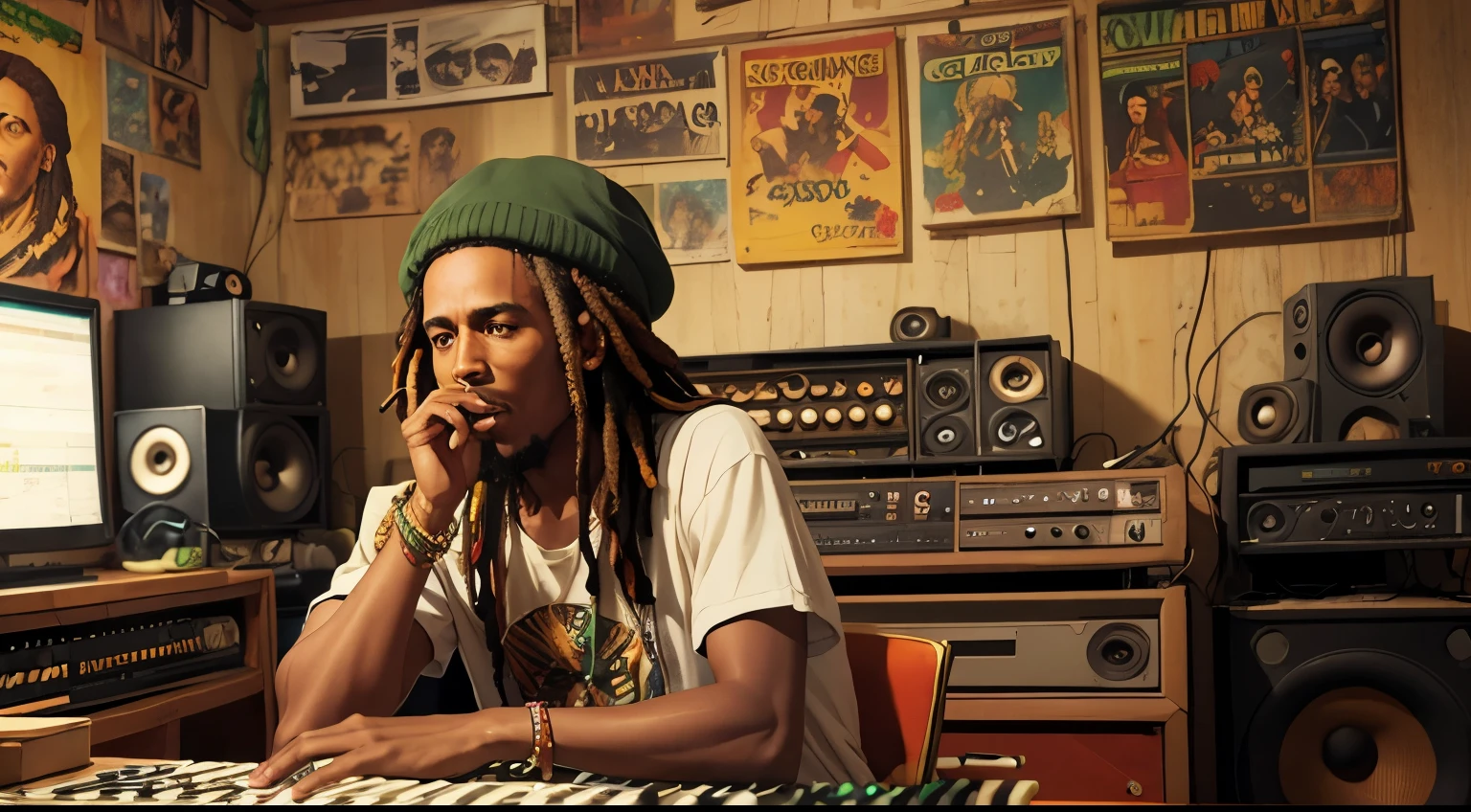 Reggae music studio, Bob Marley with a reggae hat smoking a joint