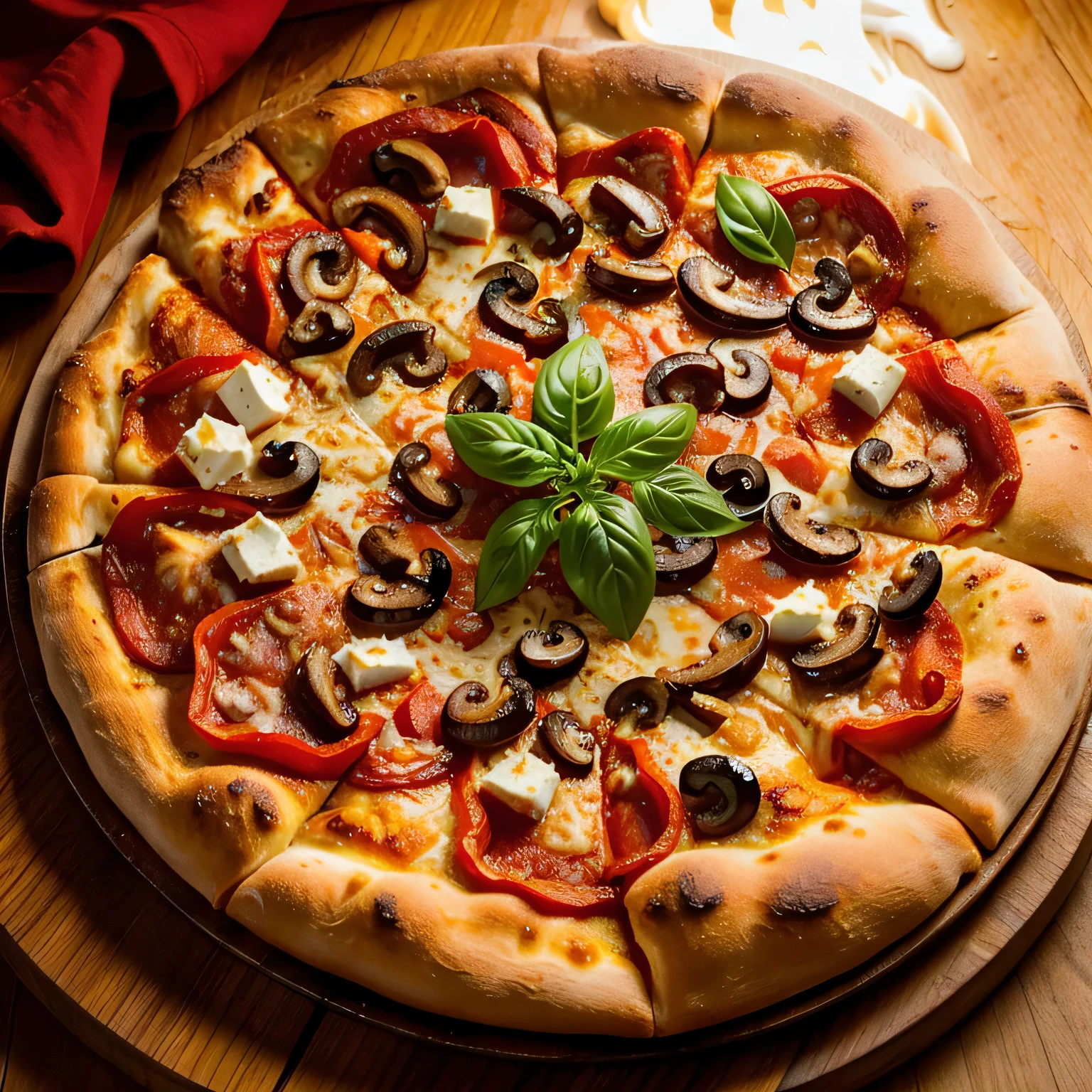 a delicious fresh homemade pizza, steaming hot, with melted mozzarella cheese, pepperoni, mushrooms, bell peppers, crispy golden crust, mouth-watering steam rising, dramatic lighting, photorealistic, highly detailed, studio lighting, 8k, hyperrealistic, cinematic, dramatic, vibrant colors