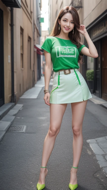 8k, Tabletop, RAW Photos, Highest quality, Realistic, Highly detailed CG Unity 8k wallpaper, Written boundary depth, Cinematic Light, Lens flare, Ray Tracing, (Very beautiful face, Beautiful Lips, Beautiful Eyes), Exquisitely detailed face, (Highly detailed skin) 1 person, Cute Korean, (K-POPアイドル), 1 person, (Very slim slender fit-muscled body:1.3), (View your viewers)), (Smiling with white teeth:1.3),(Full body photo showing feet),  ((No passers-by in the background)), Earrings, clock, necklace, belt, Clear Eyes, walk, (Pale skin), (Big eyes), (Brown hair body shot), (Fabric Mini Skirt),((A T-shirt with white and green lettering printed on it:1.3)), (View your viewers:1.3) (,), Very slim, Large Breasts,Full body photo showing up to the toes,