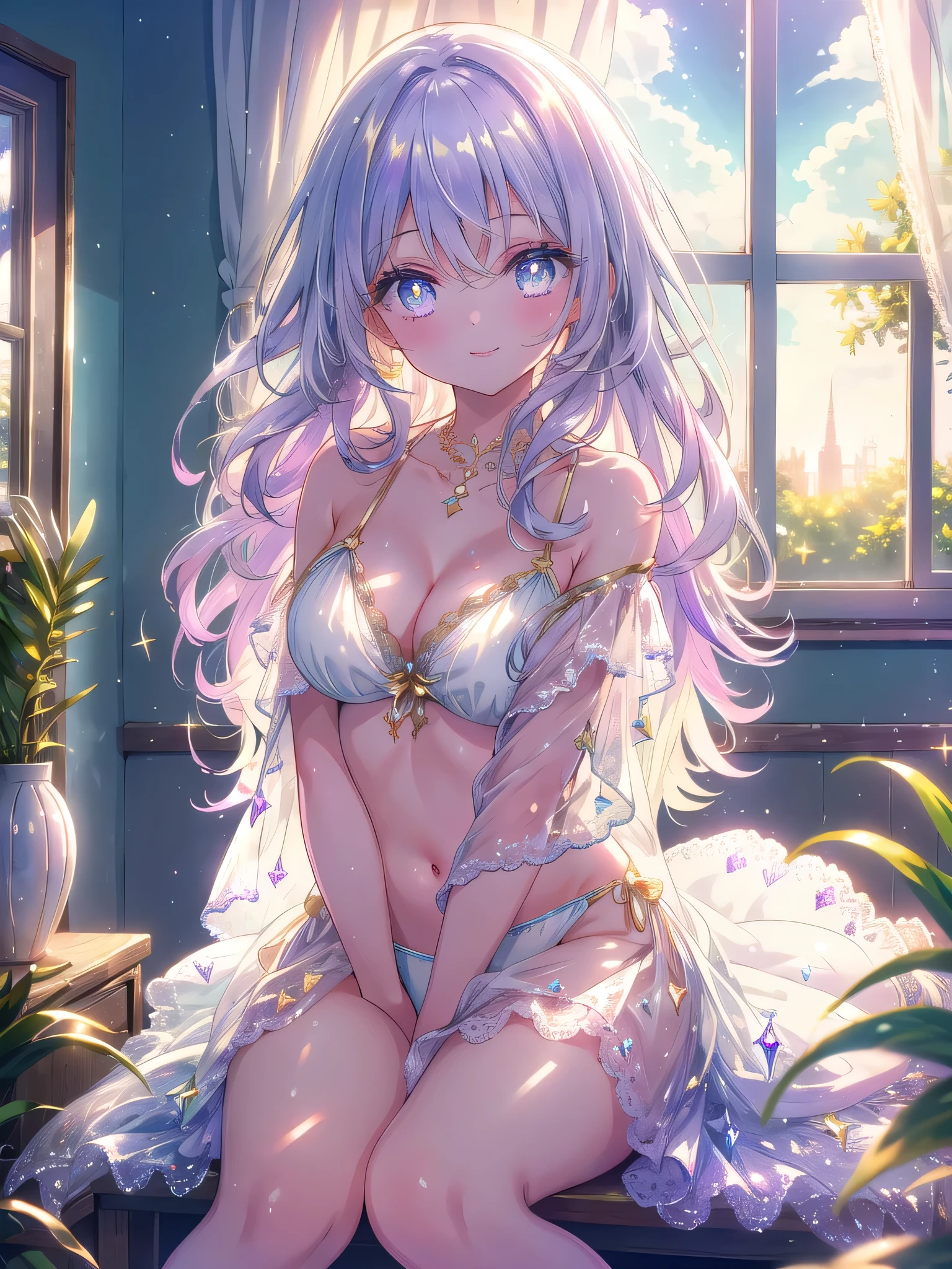 ((8k, Highest quality, masterpiece: 1.3)),Ultra-high resolution,(1 girl, alone), (Color changing eyes, Ultra-detailed, Expressive brilliance, Glitter, Glowing Eyes), Highly detailed eyes, Highly detailed face, Random Hair, ((pastel colour)),A joyful young woman with pastel lavender hair styled into loose waves, standing by the window in her sun-drenched bedroom during a bright afternoon. She is wearing a white bikini with gold accents that shimmer in the light. The camera captures her from behind as she gazes out the window, her body slightly arched to emphasize her curves. As she turns around, she strikes a new pose by sitting on the windowsill with her legs drawn up to her chest, her arms wrapped around her knees while she smiles warmly at the camera. The sunlight streams through the window, casting a golden glow on her skin and creating a serene, ethereal atmosphere.