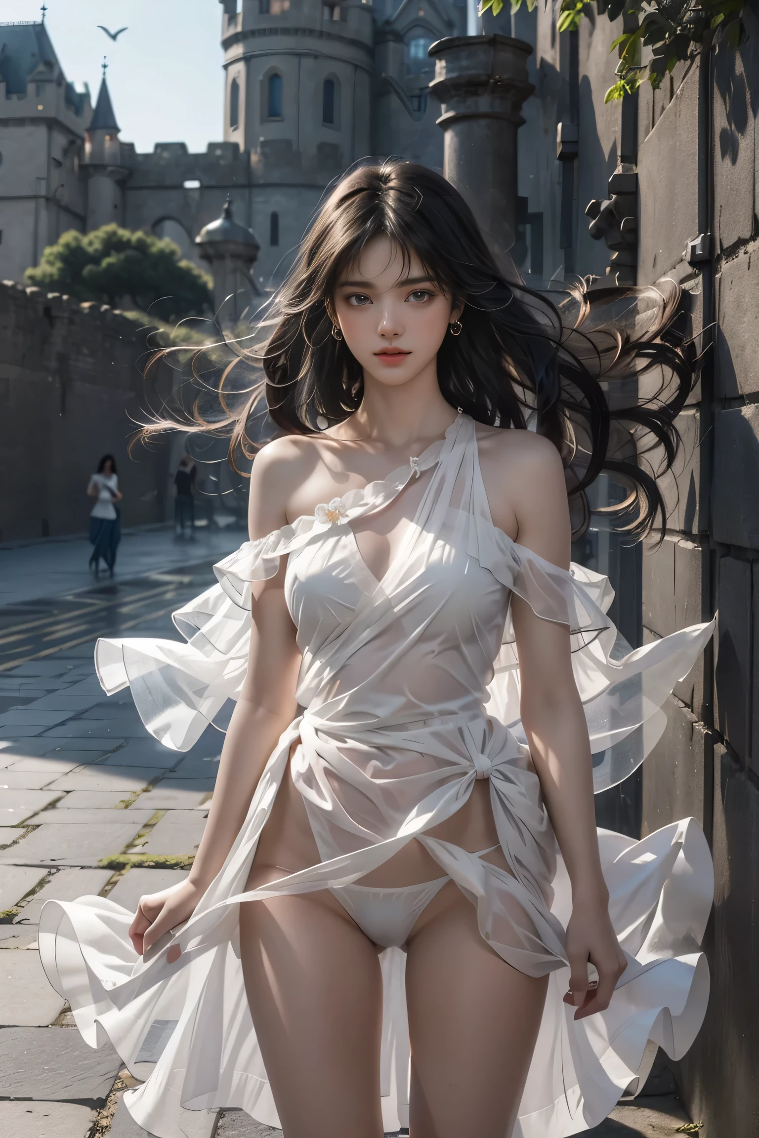 ((Girl standing in front of the wall of an old castle))、Fluorescent color、1 girl、Look to the side、Beautiful Face、Beautiful Eyes、（Off the shoulder：1.2）、Upper Body、Shiny Hair、Glowing Skin、 Reduce glare、Adjusted finger proportions、escrow、ass pov、Dynamic Angle、(((Master Parts)))、(((Highest quality)))、(((Super-detailed))) detailed）、（An illustration）、（detailedな光）、（Very delicate and beautiful）、dramatic_Shadow、Ray_Tracking、reflection、 Ultra-high resolution、((Colorful hair with black streaks))、 Her hair flutters in the wind、(big deep blue eyes)、Black-haired woman、 Sparkling butterfly、Black-haired woman、Points of light around the woman、Magical Aura、Green dot、About Auras Nature、超Magical AuraBlack-haired woman,((Translucent white open shoulder dress:1.3))、(Sleeveless)、((My skirt is flying up in the wind)),((An old European castle looms in the distance)),((White panties are visible)),